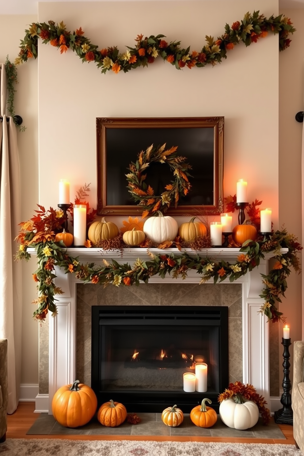 A cozy fireplace adorned with colorful gourds in various shapes and sizes creates a warm autumn atmosphere. Surrounding the gourds are an array of candles in different heights, casting a soft glow that enhances the seasonal charm. The mantel is decorated with a mix of vibrant fall leaves and small pumpkins, adding texture and color to the display. A woven basket filled with additional gourds sits nearby, inviting a rustic touch to the overall decor.