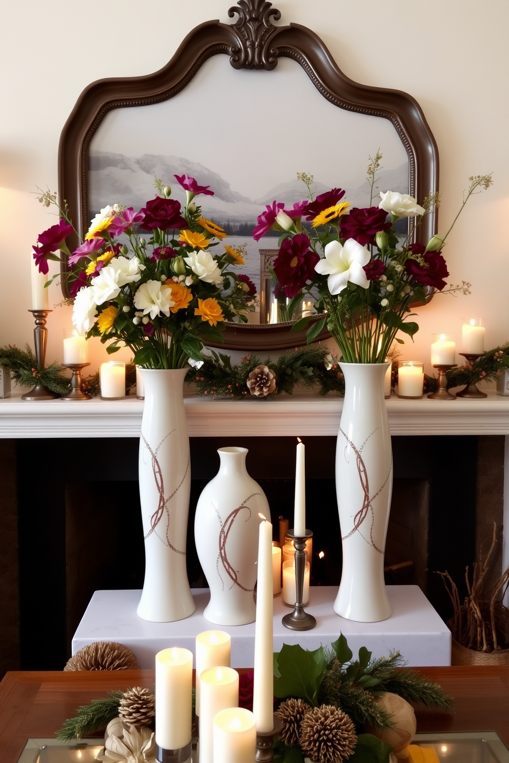 A cozy living room adorned with framed family photos in rich fall tones. The warm hues of orange, red, and yellow create a welcoming atmosphere, enhancing the seasonal charm of the space. A beautifully decorated fireplace serves as the focal point, surrounded by autumn-inspired decor. Pumpkins, candles, and garlands of dried leaves add a touch of seasonal elegance, inviting gatherings and warmth.