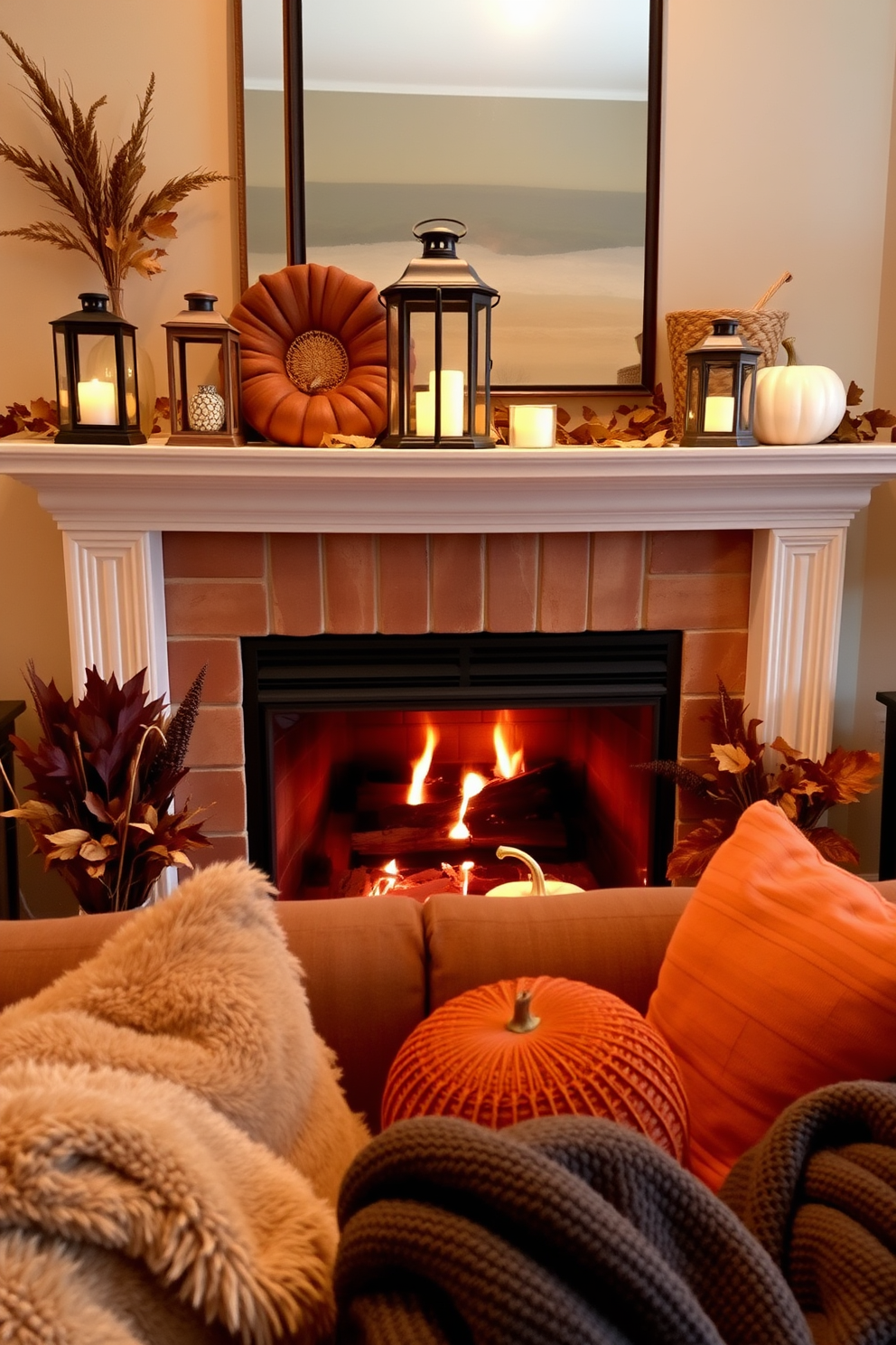 A cozy living room setting with a warm fireplace as the focal point. Decorative lanterns are placed on the mantel, casting a soft glow throughout the space. The fireplace is adorned with autumn-themed decorations, including pumpkins and dried leaves. Plush blankets and pillows in earthy tones create an inviting atmosphere for relaxation.