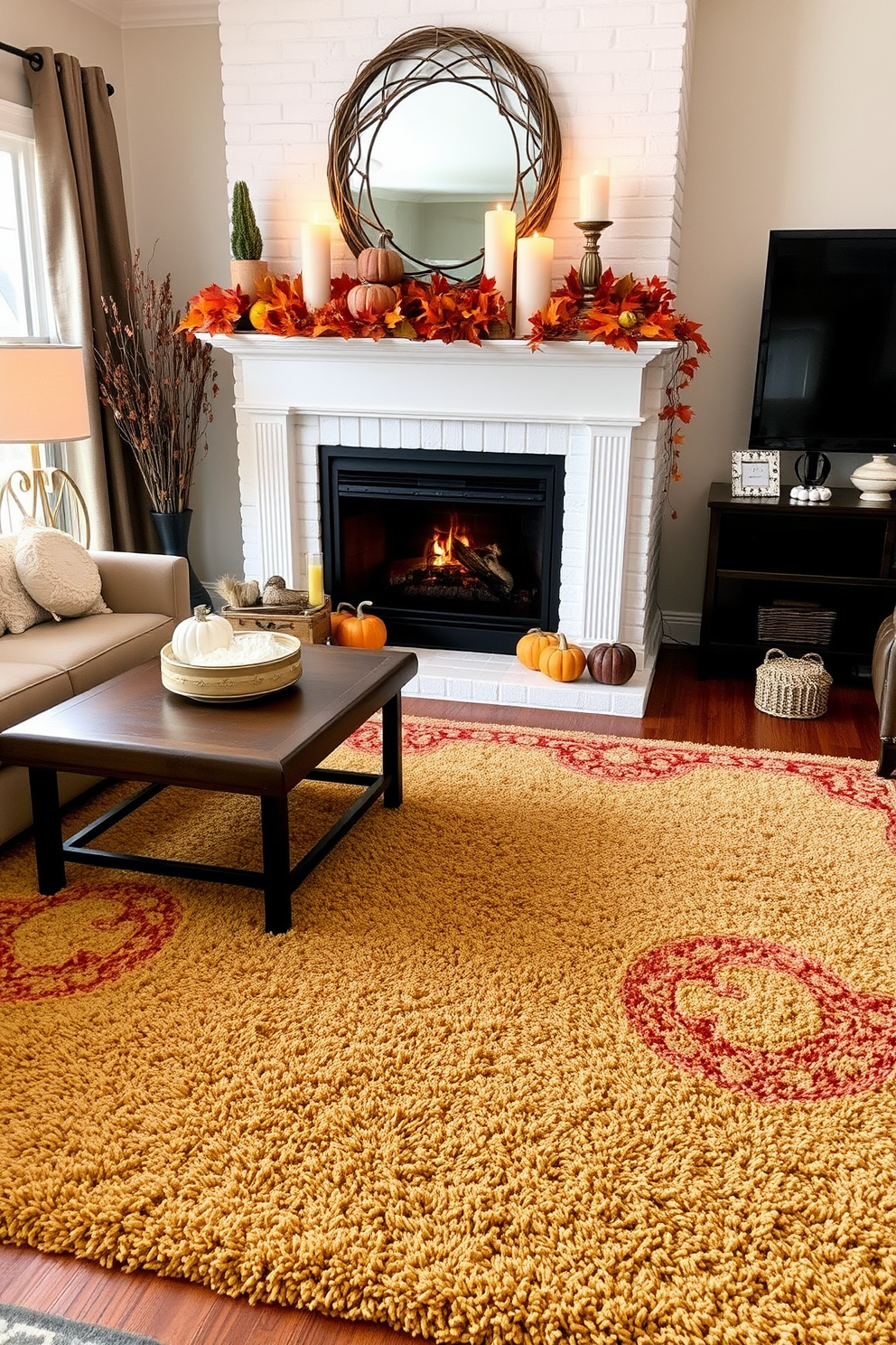 Layered rugs in rich textures and warm colors create a cozy atmosphere in the living room. A plush area rug anchors the space while a smaller, patterned rug adds visual interest on top. The fireplace is adorned with seasonal decorations that enhance the fall ambiance. Pumpkins, candles, and autumn leaves are artfully arranged on the mantel, inviting warmth and comfort to the room.