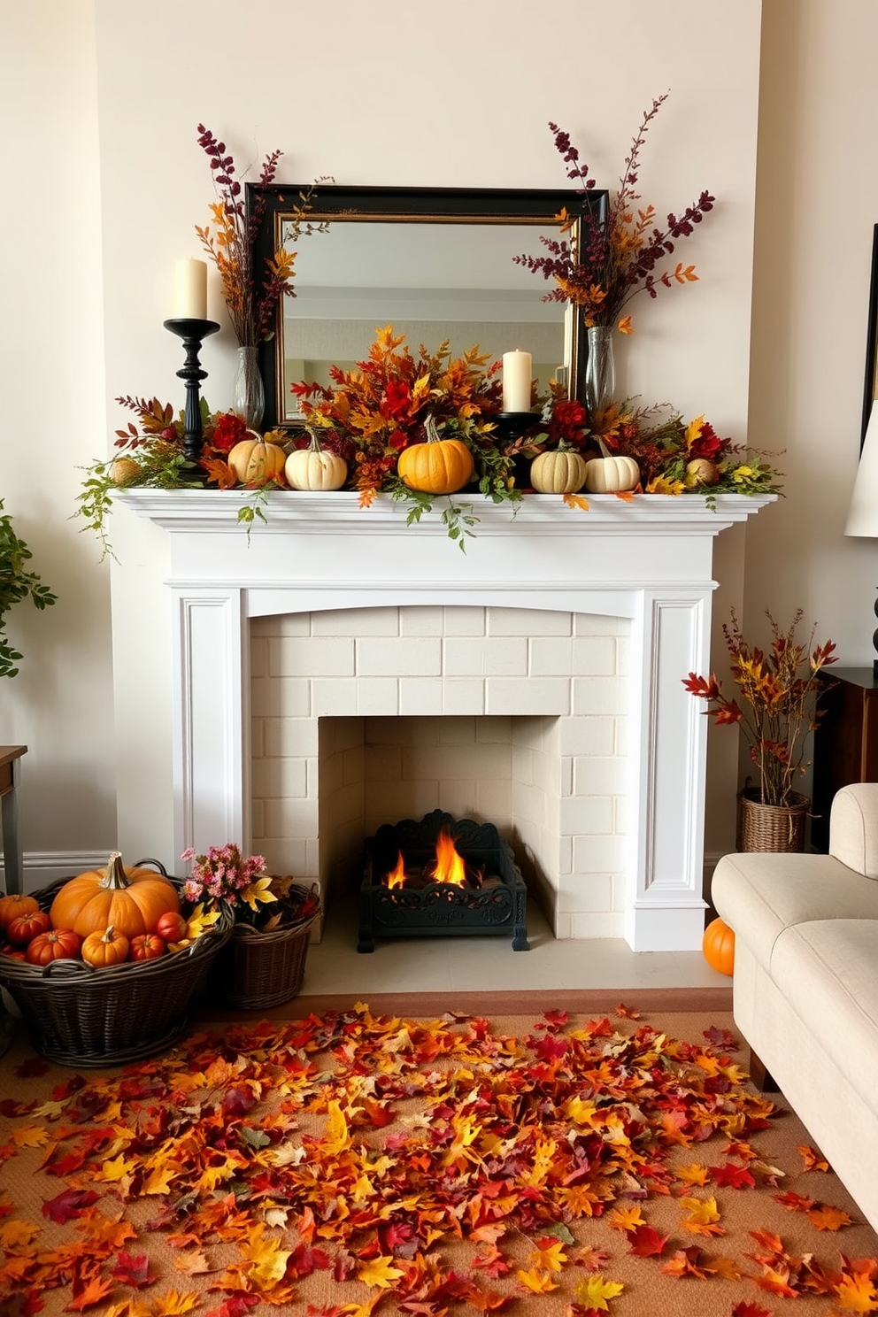 A cozy living room adorned with colorful fall leaves scattered decoratively across the floor. The fireplace is elegantly decorated with an assortment of pumpkins, candles, and vibrant autumn foliage, creating a warm and inviting atmosphere.