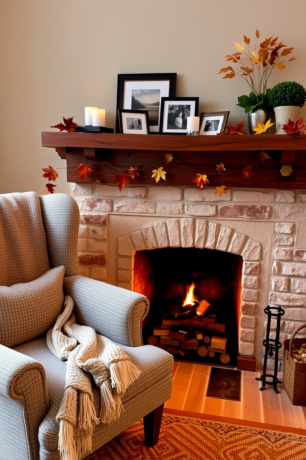 A cozy armchair is positioned next to a warm and inviting fireplace. The armchair is upholstered in soft, textured fabric and complemented by a plush throw blanket draped over one arm. The fireplace is adorned with seasonal decorations featuring autumn leaves and candles. A rustic wooden mantel showcases decorative elements like framed photos and a small potted plant, enhancing the cozy atmosphere.