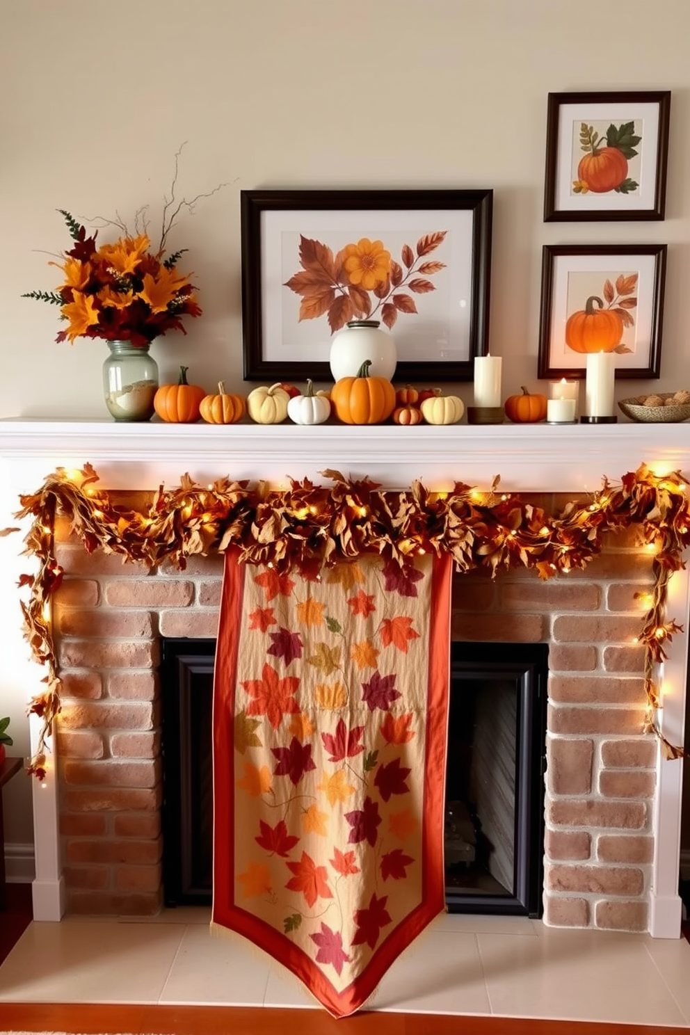 A seasonal table runner is elegantly draped across the mantel, showcasing rich autumn hues of orange, burgundy, and gold. Above the mantel, a collection of decorative pumpkins and candles creates a warm and inviting focal point for the fall season. The fireplace is adorned with garlands of dried leaves and twinkling fairy lights, enhancing the cozy atmosphere. A few framed autumn-themed artworks are displayed on the wall, complementing the seasonal decor beautifully.