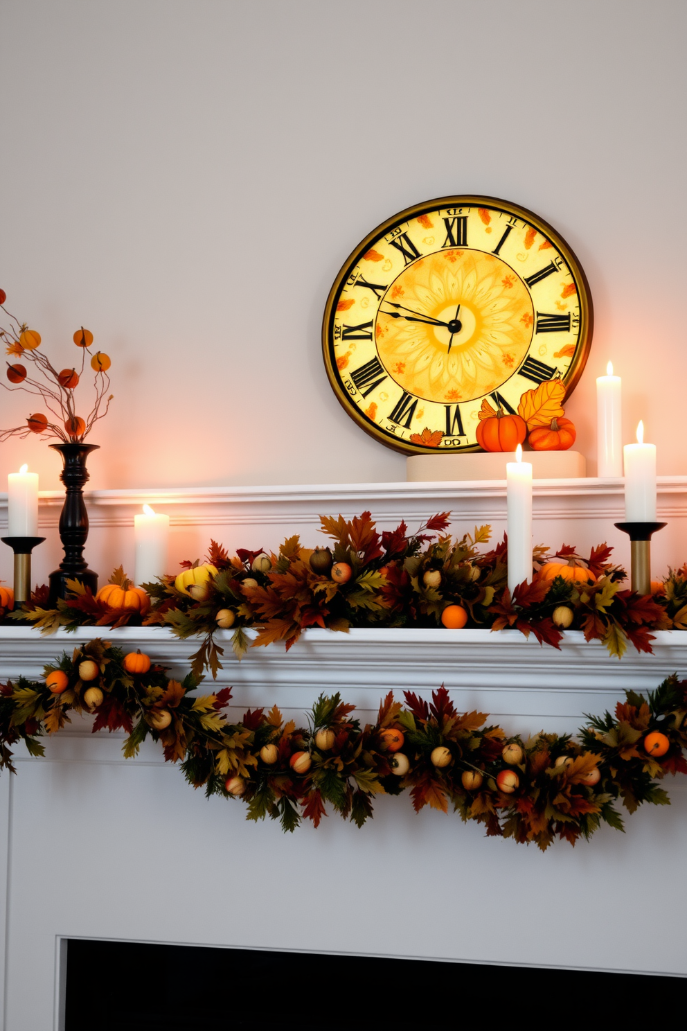 A cozy fireplace setting adorned with cinnamon sticks tied with twine. The warm glow of the fire enhances the autumnal atmosphere, while decorative elements like pumpkins and leaves complement the rustic charm.