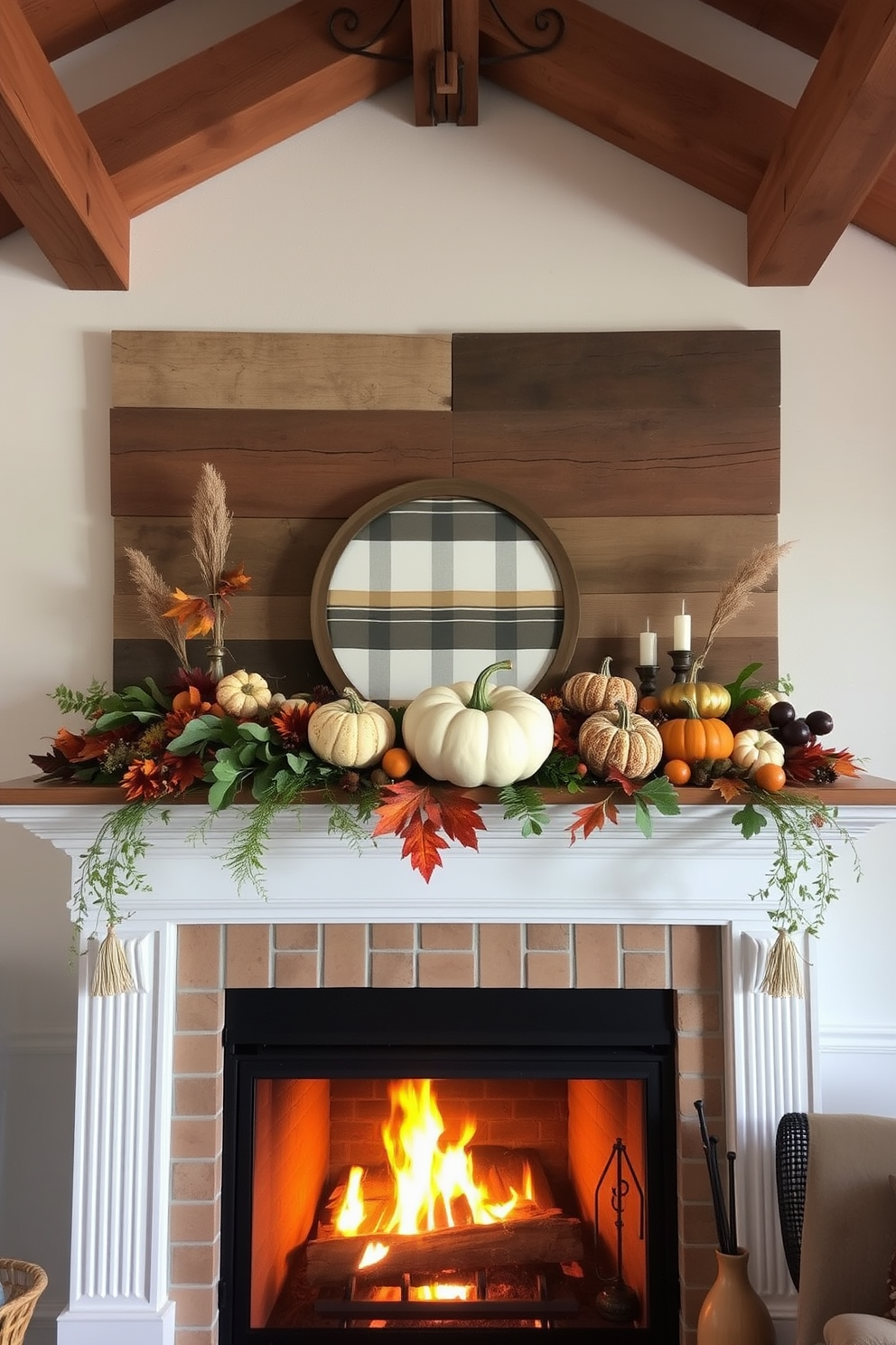 A cozy fireplace adorned with a beautiful arrangement of pumpkins and gourds sits on the mantel. The warm autumn colors of the decorations complement the rustic wooden beams above and the soft glow of the fire.