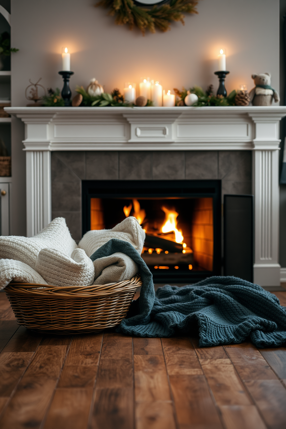 A warm and inviting living room setting. In front of a crackling fireplace, a woven basket filled with cozy throws and plush pillows sits on a rustic wooden floor. The fireplace is adorned with a beautiful mantel decorated with seasonal accents. Soft candlelight flickers on the mantel, creating a serene atmosphere perfect for relaxation.