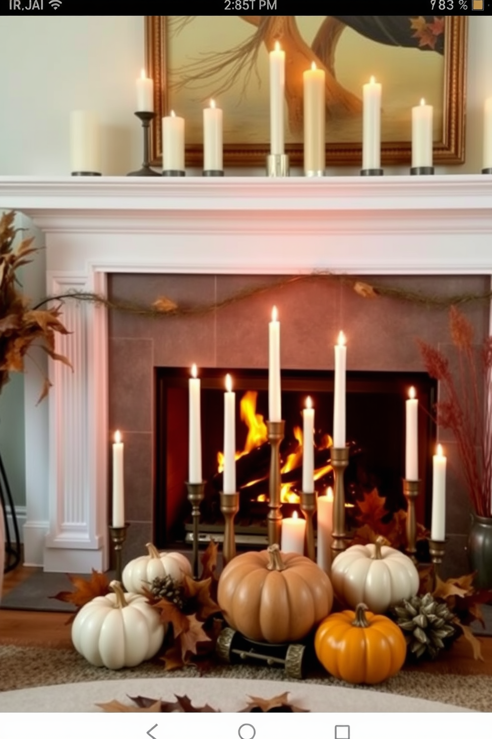 A beautiful arrangement of autumn leaves in a stylish vase sits on a rustic wooden table. The warm colors of the leaves complement the cozy atmosphere created by the crackling fireplace in the background. The fireplace is adorned with seasonal decorations, including small pumpkins and candles that cast a soft glow. Plush blankets are draped over the nearby chairs, inviting you to relax and enjoy the fall ambiance.