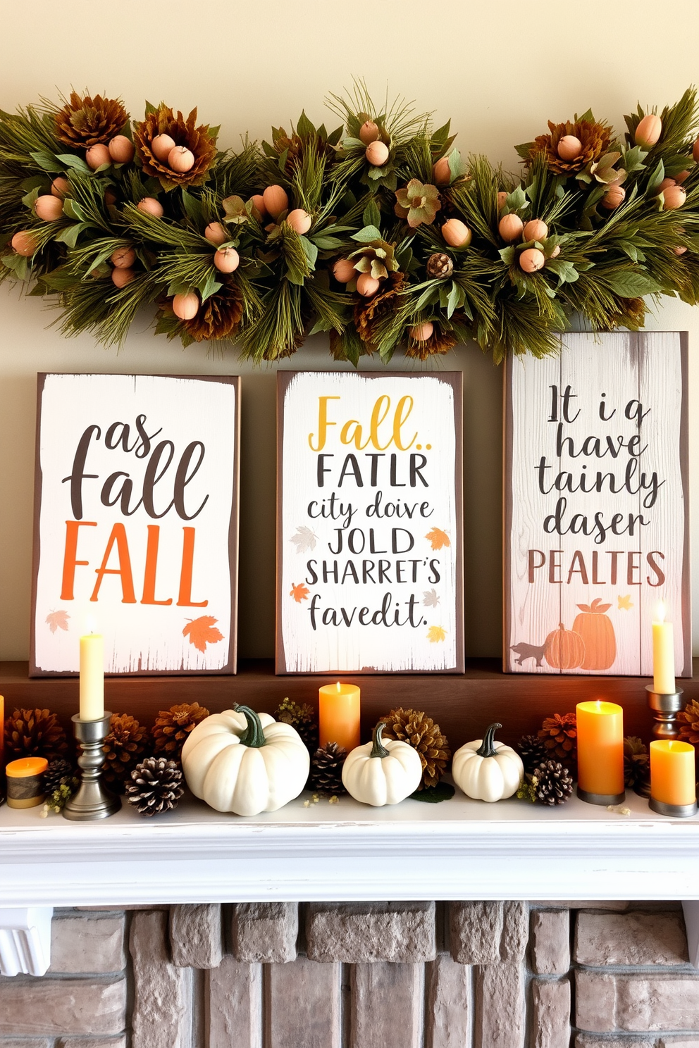 Rustic wooden signs with fall sayings are displayed on a weathered mantelpiece. The signs feature warm colors and playful fonts that evoke a cozy autumn atmosphere. The fireplace is adorned with an array of seasonal decorations, including pumpkins and pinecones. Flickering candles in warm tones create an inviting glow that enhances the fall theme.