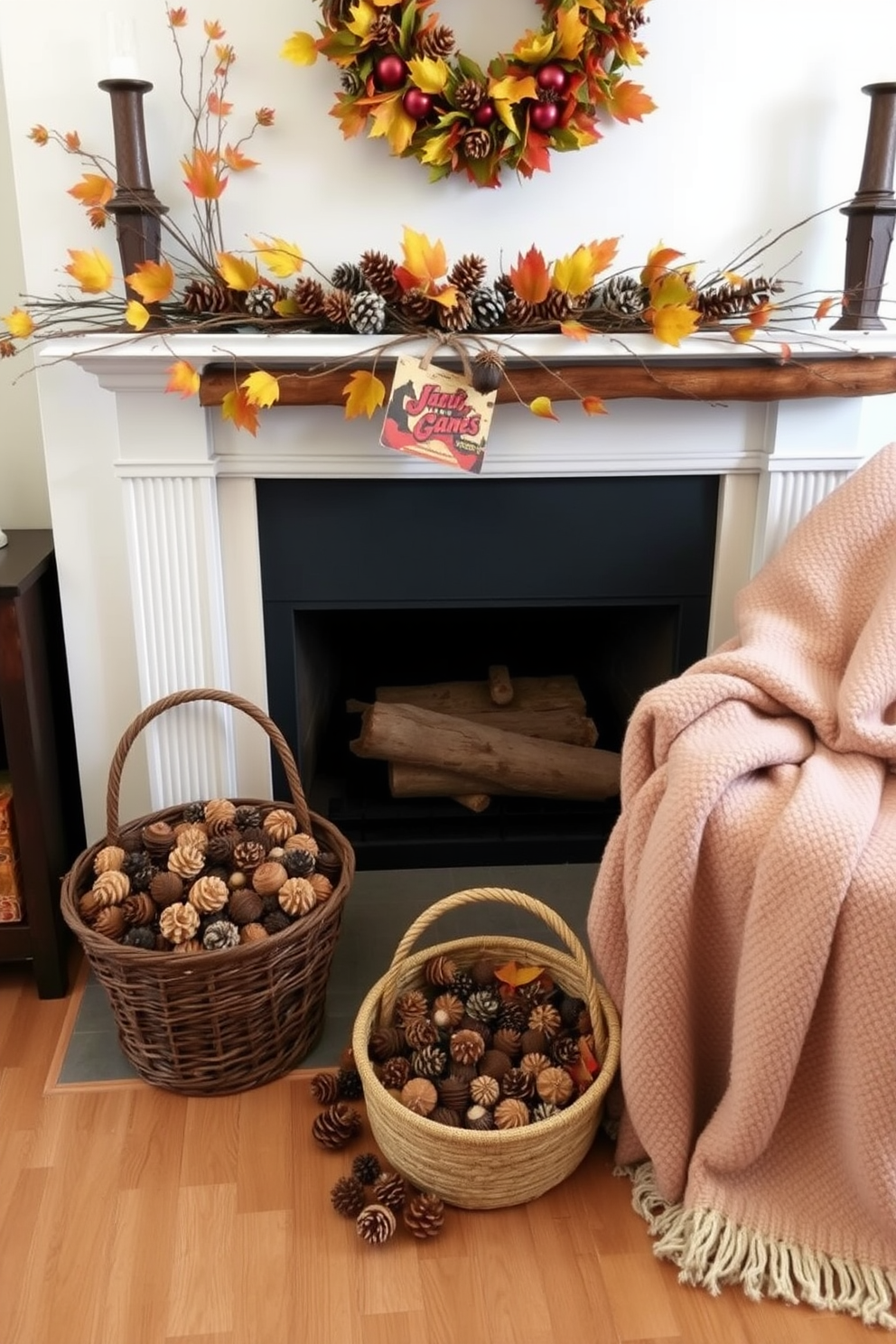 A cozy fireplace setting adorned with natural elements like pinecones and leaves. The mantel is decorated with an arrangement of pinecones, twigs, and vibrant autumn leaves, creating a warm and inviting atmosphere. On the floor, a rustic basket filled with assorted pinecones sits beside the fireplace. Soft, plush blankets in earthy tones are draped over a nearby chair, enhancing the seasonal charm of the space.