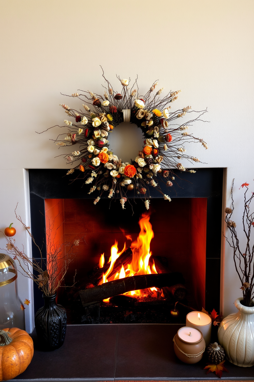 A cozy fireplace adorned with a wreath made of dried flowers and twigs. The warm hues of autumn fill the space, complemented by the flickering flames and rustic decor surrounding the hearth.