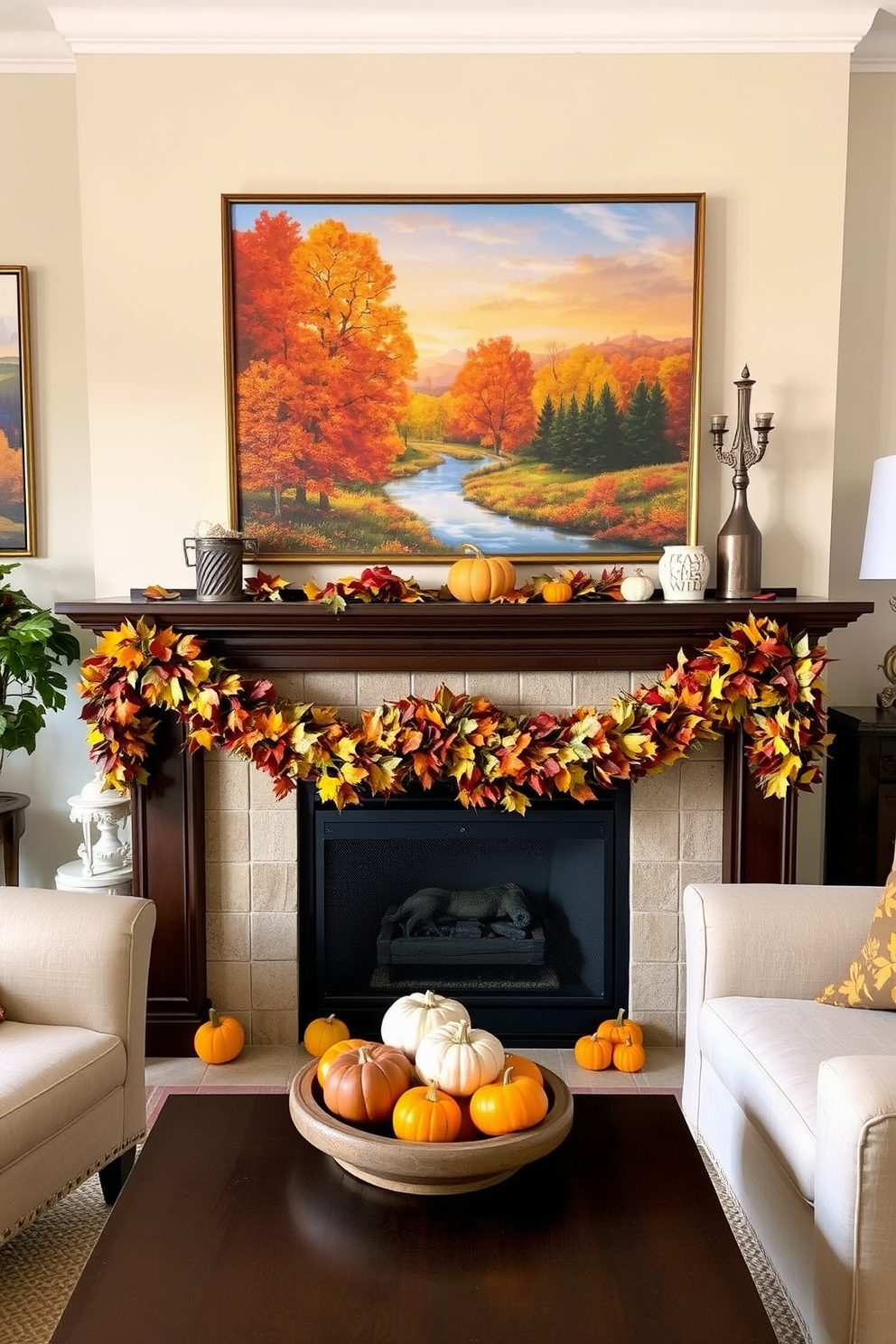 A cozy living room adorned with seasonal artwork showcasing vibrant autumn landscapes. The fireplace is elegantly decorated with a garland of colorful leaves and small pumpkins, creating a warm and inviting atmosphere.