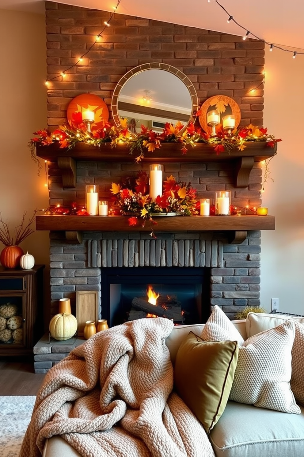 Create a cozy living room setting with a large fireplace as the focal point. The fireplace is adorned with seasonal decorations featuring autumn leaves, pumpkins, and candles. String lights are draped elegantly around the mantel and across the ceiling to create a warm and inviting glow. Plush blankets and decorative pillows in fall colors are scattered on a comfortable sofa nearby.