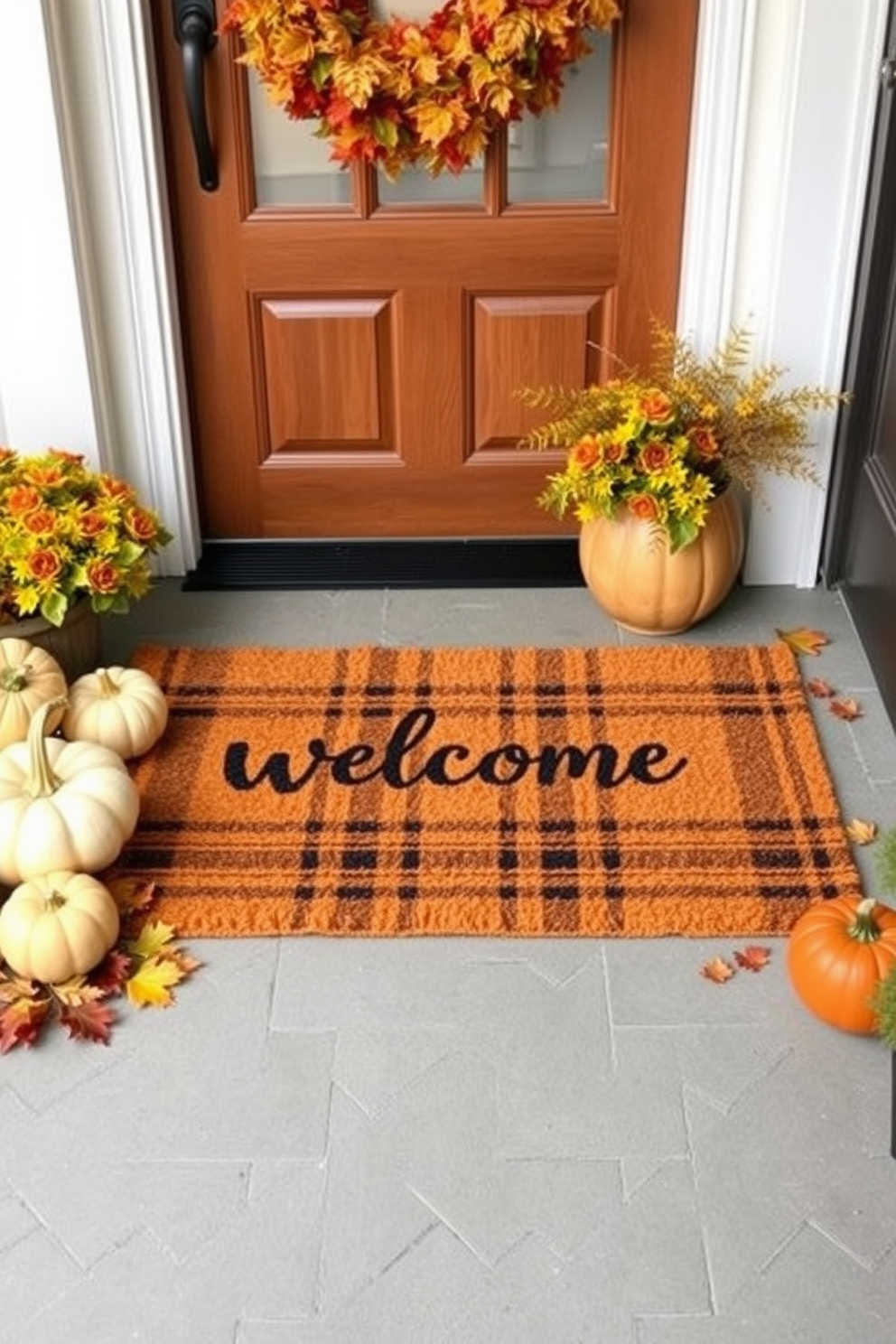 A warm plaid welcome mat is placed at the entryway, inviting guests into a cozy home. Surrounding the mat, seasonal decorations like pumpkins and autumn leaves create a charming fall atmosphere.