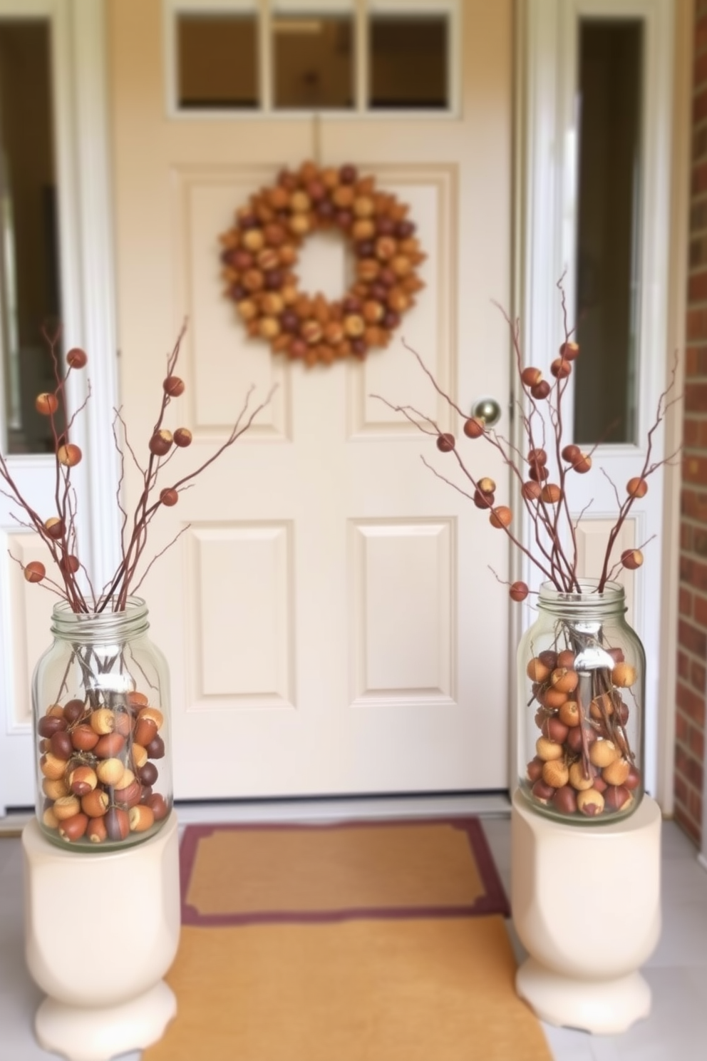 A warm and inviting front door adorned with mason jars filled with acorns and twigs. The jars are arranged symmetrically on either side of the door, creating a cozy autumnal welcome.