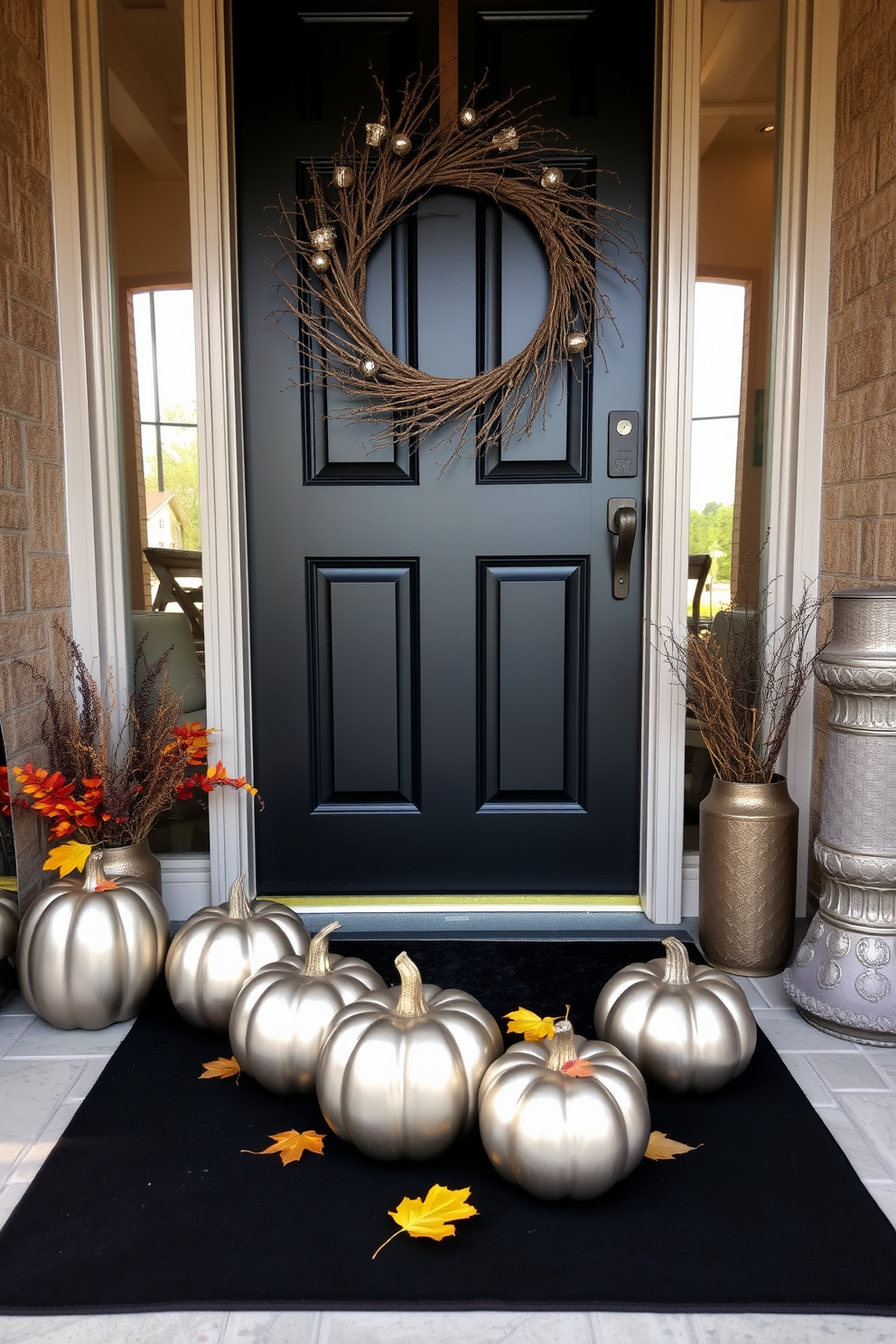 A modern front door adorned with metallic pumpkins in various sizes creates a chic and festive atmosphere. The pumpkins are arranged on a sleek black mat, complementing the contemporary style of the door. Surrounding the pumpkins, a few strategically placed autumn leaves add a natural element to the decor. A stylish wreath made of twigs and metallic accents hangs prominently on the door, enhancing the overall modern aesthetic.