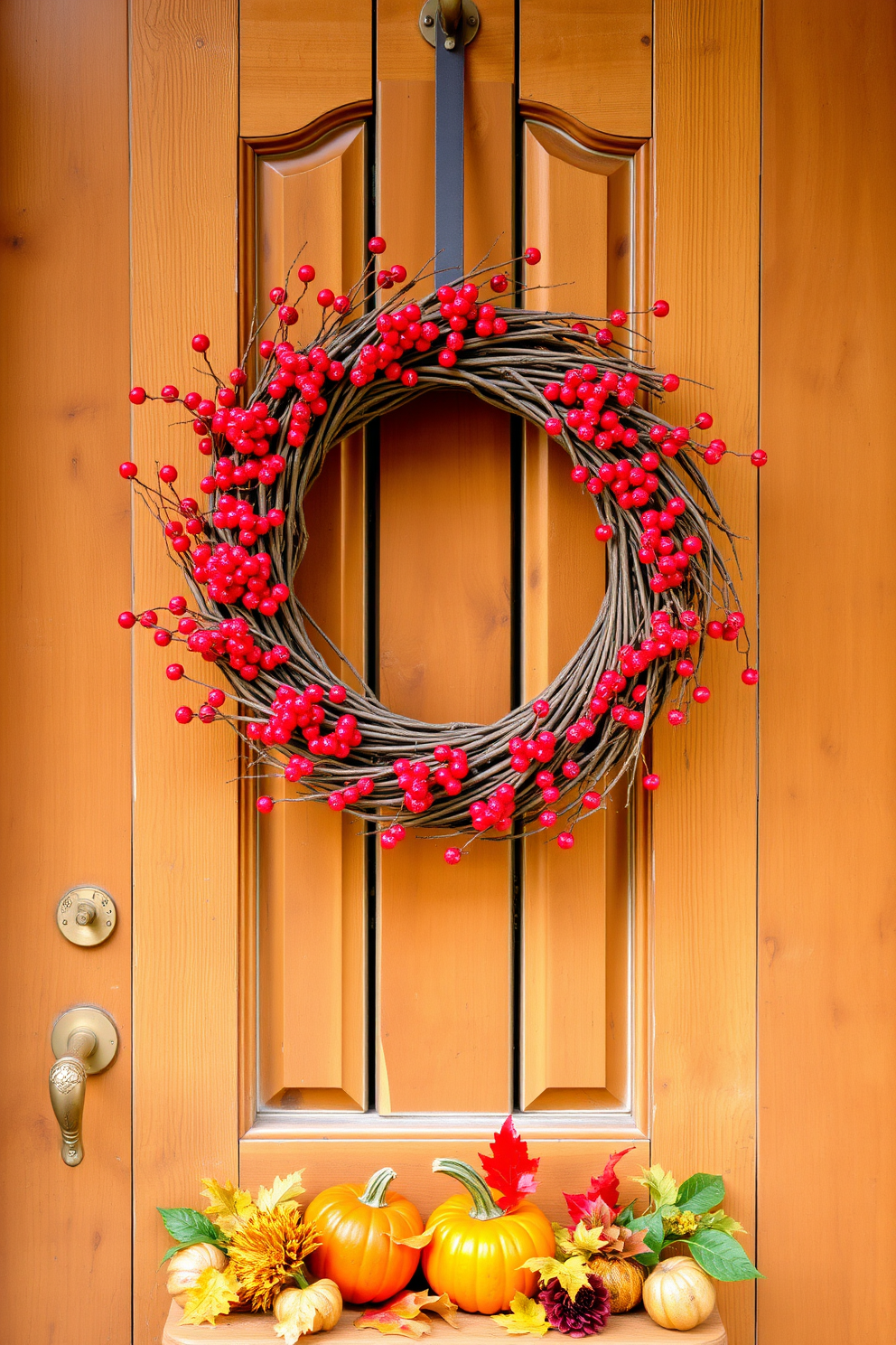 A charming scarecrow stands by the entrance, welcoming guests with a friendly smile. It is adorned with a colorful plaid shirt and a straw hat, surrounded by vibrant pumpkins and autumn leaves. The front door is beautifully decorated with a wreath made of dried flowers and twigs. Soft, warm lighting illuminates the entryway, creating an inviting atmosphere for the fall season.