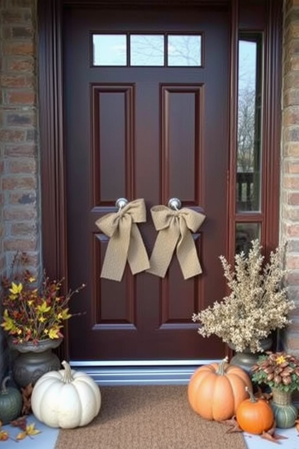 A charming front door adorned with burlap bows tied around the handles creates a warm and inviting atmosphere. Surrounding the door, seasonal decorations like pumpkins and autumn leaves enhance the cozy appeal.