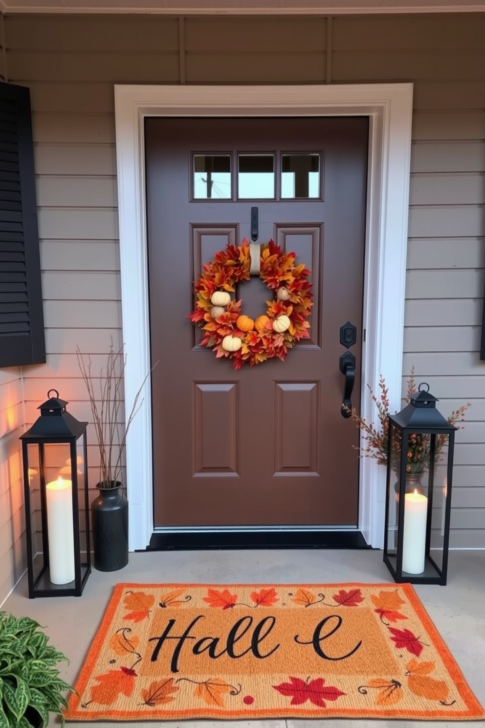 A charming front door adorned with seasonal fall decorations. There are candle lanterns placed on either side of the entrance, casting a warm and inviting glow in the evening light. The door is decorated with a vibrant wreath made of autumn leaves and small pumpkins. A cozy doormat featuring a fall-themed design welcomes guests as they approach the home.