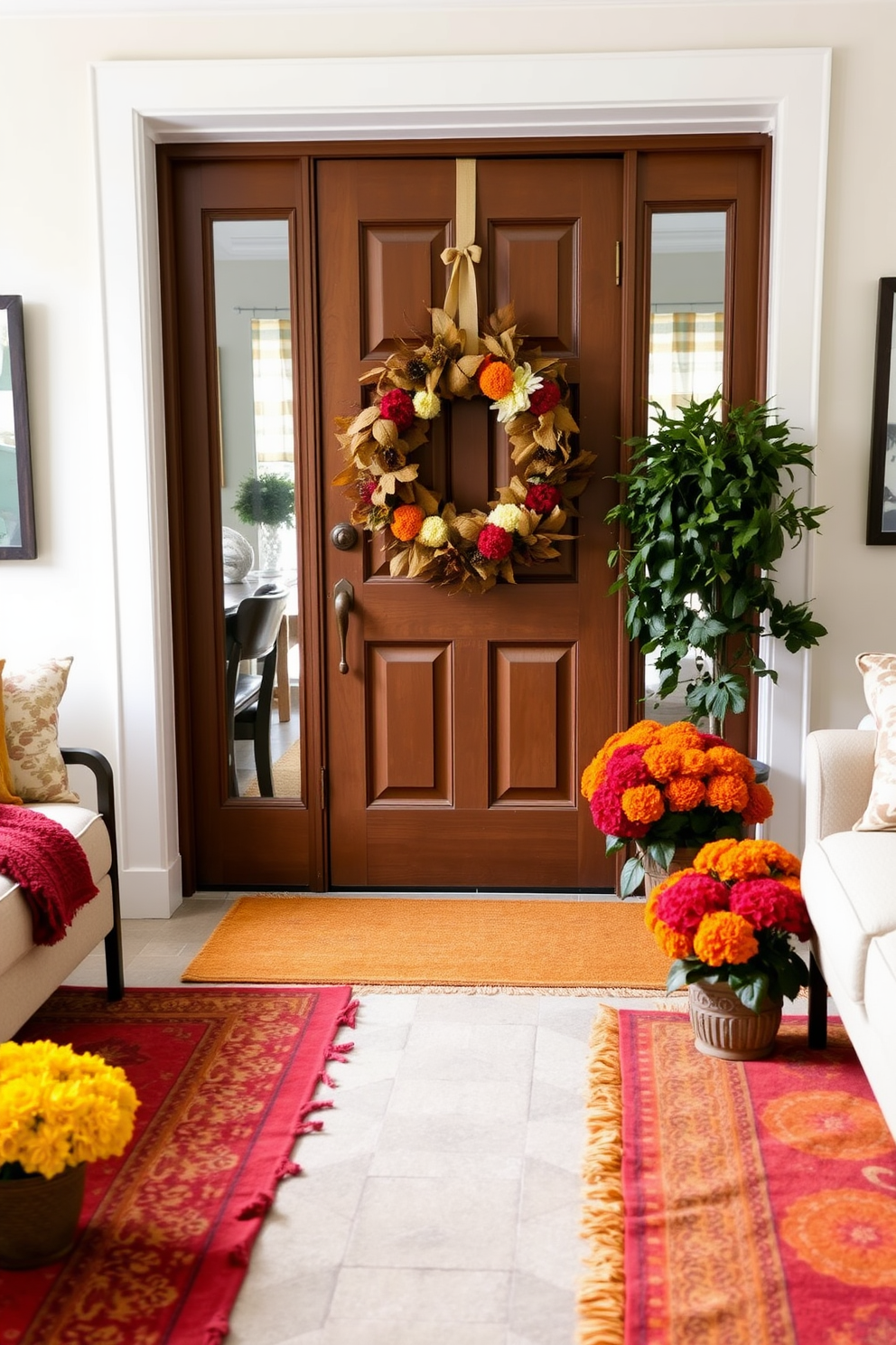 A cozy living room features layered rugs in rich fall colors such as deep orange, burgundy, and mustard yellow. The rugs are artfully arranged to create warmth and texture, inviting guests to sink into the space. The front door is adorned with a beautiful autumn wreath made of dried leaves, pinecones, and seasonal flowers. Flanking the door are two potted mums in vibrant hues, adding a cheerful touch to the entryway.