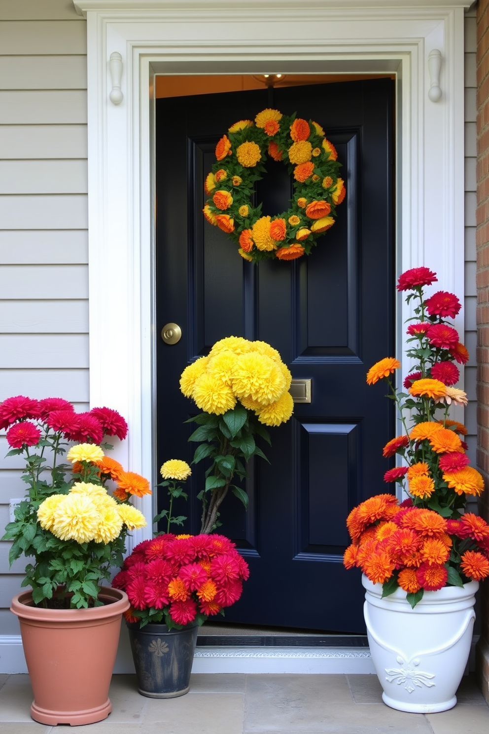 A charming front door adorned with natural elements creates a warm welcome. Branches with vibrant leaves and scattered acorns frame the entrance, enhancing the seasonal appeal. A rustic wreath made from intertwined twigs and adorned with acorns hangs prominently on the door. Soft, neutral tones in the surrounding decor complement the earthy elements, creating a cohesive look.