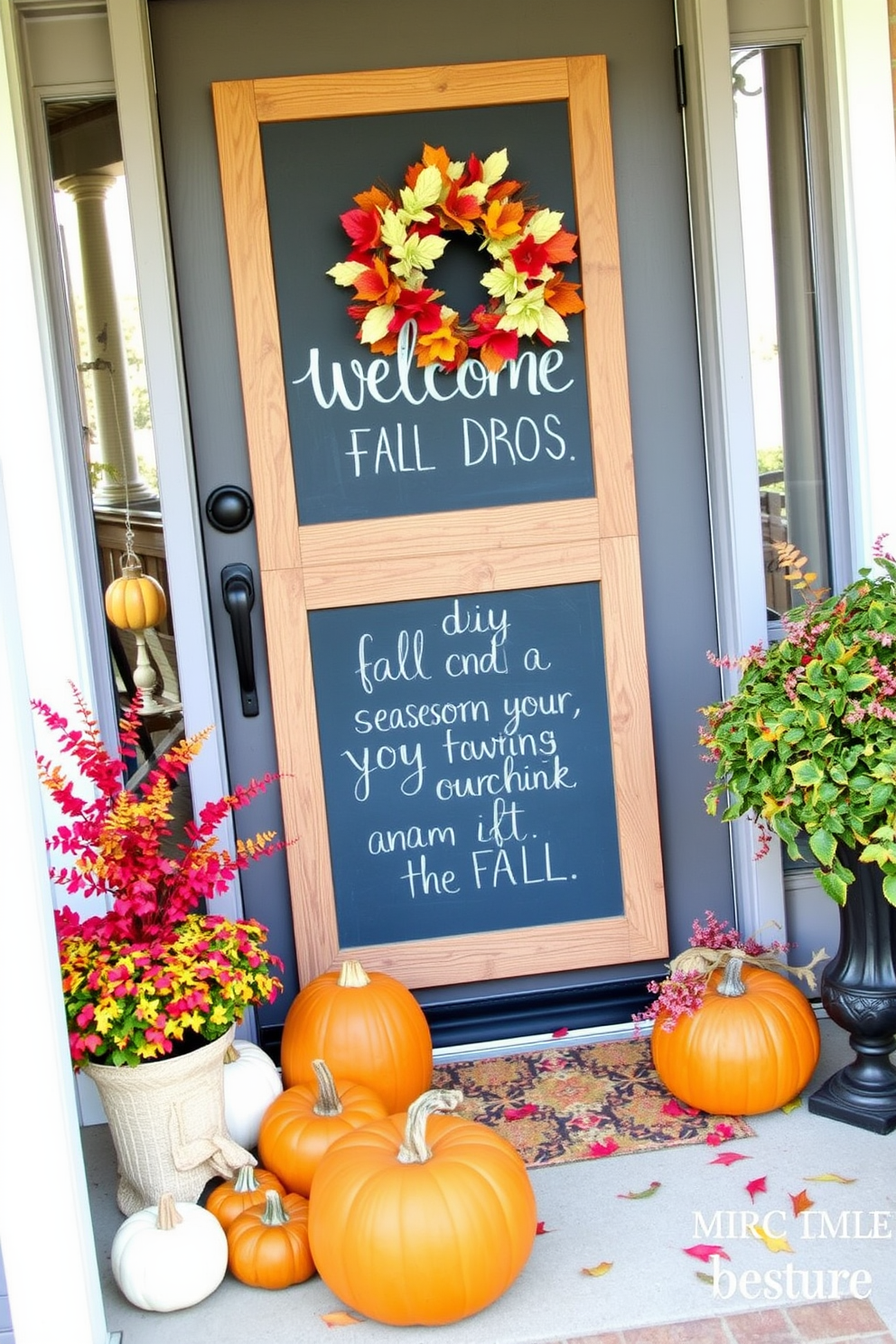 A charming front door adorned with a simple wreath made of natural burlap. The wreath is accented with a large burlap bow, adding a touch of rustic elegance to the autumn decor.