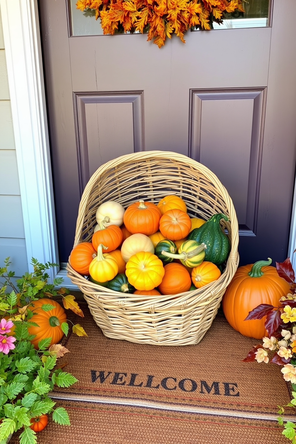 A welcoming front door adorned with a woven basket filled with colorful gourds of various sizes and shapes. The basket is placed on a rustic wooden porch, complemented by a cozy doormat and seasonal foliage surrounding the entrance.