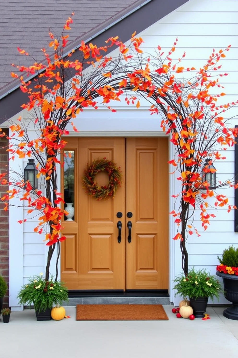 A welcoming front door adorned with potted ornamental grasses adds height and texture to the entryway. The pots are made of natural materials, complementing the seasonal decor with warm autumn colors and subtle seasonal accents. The door itself is painted in a rich, deep hue that contrasts beautifully with the greenery. Surrounding the door, decorative elements like small pumpkins and cozy lanterns enhance the inviting atmosphere of fall.