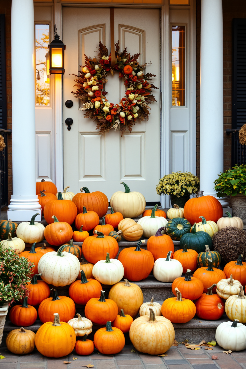 A vibrant array of pumpkins in various sizes and colors is artfully arranged on the steps leading to a charming front door. The display features classic orange pumpkins alongside white and green varieties, creating a festive and inviting autumn atmosphere. The front door is adorned with a beautiful wreath made of dried leaves and seasonal flowers. Soft golden light from a lantern illuminates the scene, enhancing the warm and welcoming feel of the entryway.