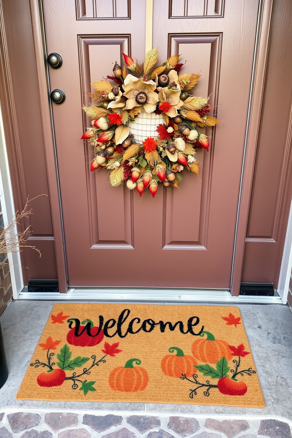 A whimsical fall-themed doormat welcomes guests with vibrant colors and playful designs featuring pumpkins, leaves, and acorns. Surrounding the doormat, the front door is adorned with a beautiful wreath made of dried flowers and fall foliage, creating a cozy autumn atmosphere.