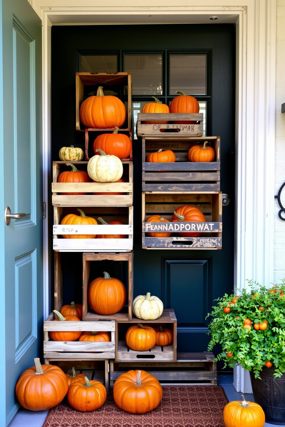 A charming front door adorned with vintage crates stacked high, each filled with a variety of pumpkins in rich autumn hues. The warm colors of the pumpkins contrast beautifully with the rustic wood of the crates, creating an inviting seasonal display.