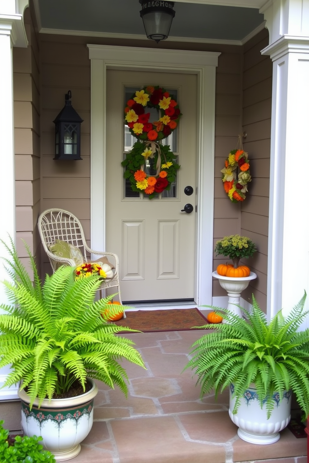 Layered rugs in rich fall colors create a warm and inviting atmosphere in the entryway. The combination of deep reds, burnt oranges, and golden yellows adds depth and texture to the space. The front door is adorned with a beautiful autumn wreath made of dried leaves and seasonal flowers. Pumpkins of varying sizes are placed on either side of the door, enhancing the festive fall decor.