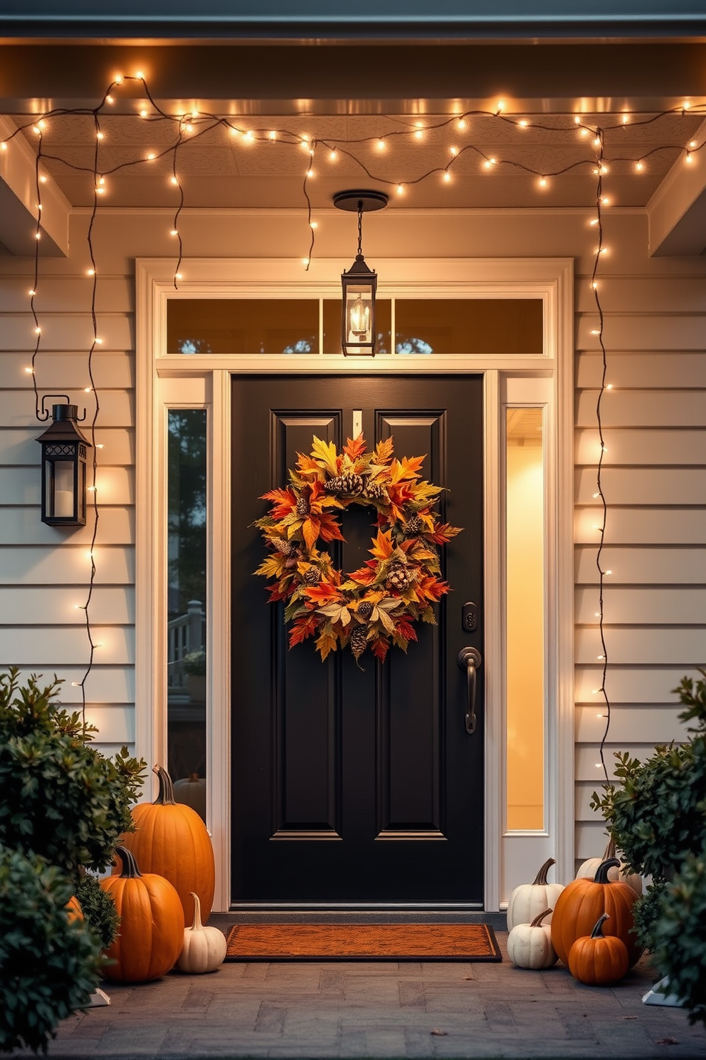 Hanging fairy lights drape gracefully across the porch creating a warm and inviting atmosphere. The soft glow illuminates the entrance, enhancing the charm of the evening. Fall front door decorating ideas feature a stunning wreath made of colorful autumn leaves and pinecones. Flanking the door, elegant pumpkins in varying sizes add a festive touch to the seasonal decor.