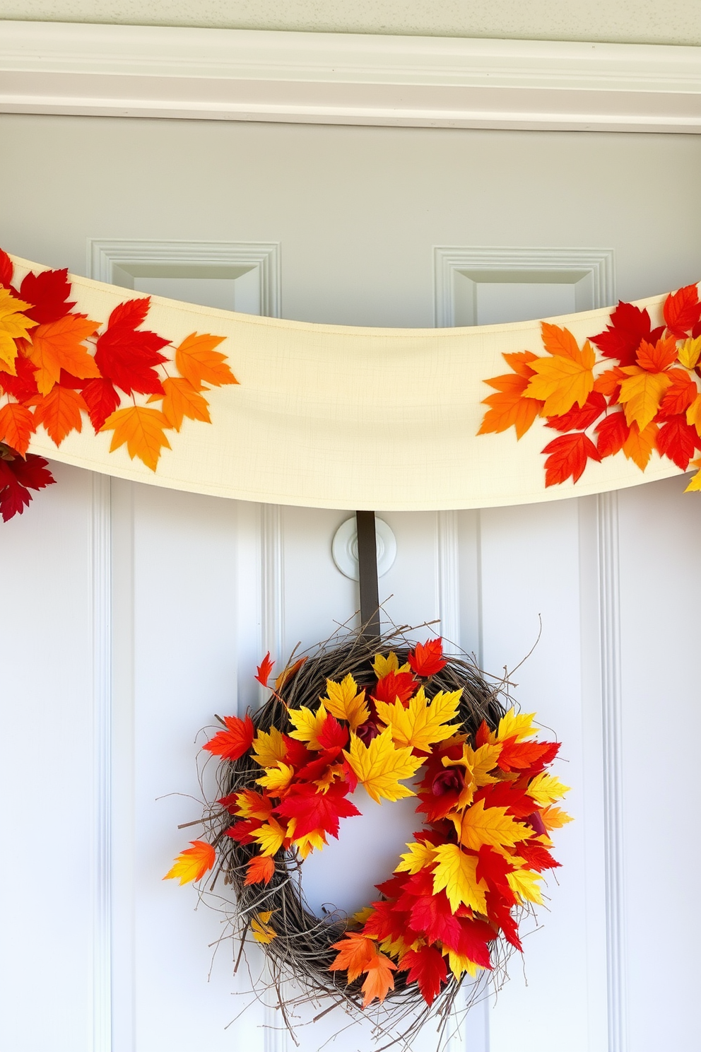 A vibrant fabric banner hangs across the front door adorned with colorful leaves in shades of orange, red, and yellow. The banner is complemented by a wreath made of twigs and more colorful leaves, creating a warm and inviting autumn entrance.