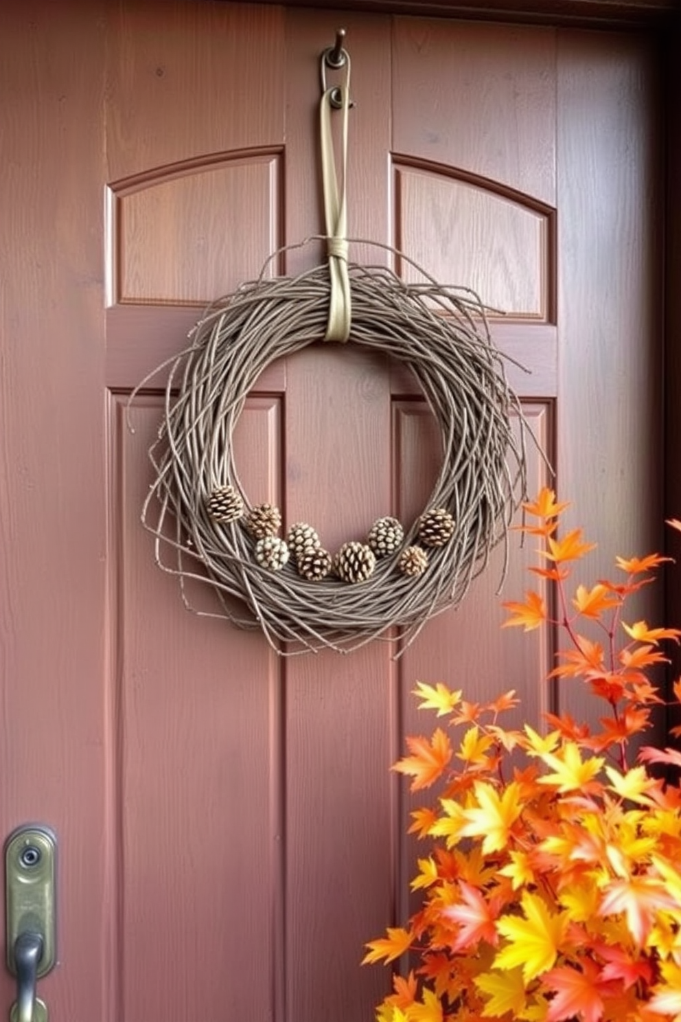 A simple twig wreath adorned with pinecones hangs on a rustic wooden front door. Surrounding the door, vibrant fall foliage in shades of orange and yellow creates a warm and inviting atmosphere.