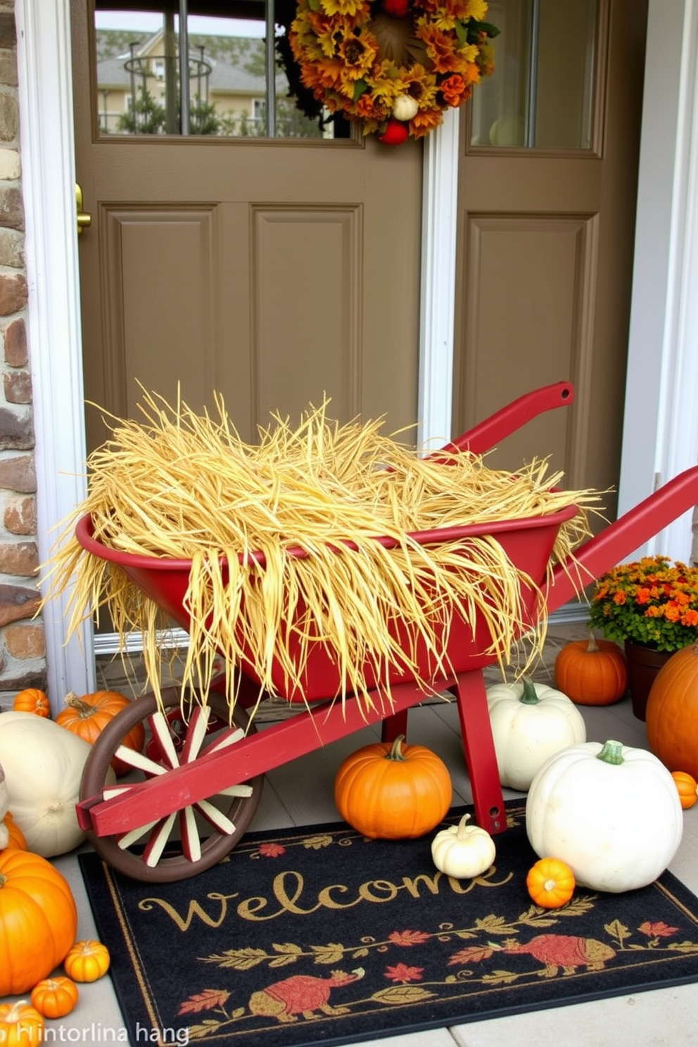 A warm and inviting front door adorned with seasonal artwork displayed on an easel. The door is painted a rich burgundy, complemented by a wreath made of autumn leaves and small pumpkins at its center.