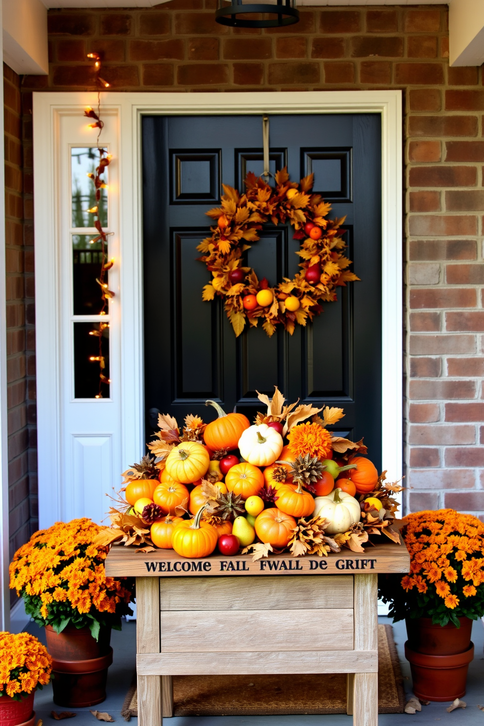 A vibrant seasonal fruit display is arranged on a rustic wooden porch table. The table is adorned with an assortment of colorful fruits like pumpkins, apples, and pears, complemented by seasonal leaves and twinkling fairy lights. The front door is decorated with a beautiful fall wreath made of dried leaves and small pumpkins. Flanking the door are potted mums in warm hues, creating a welcoming autumn atmosphere.