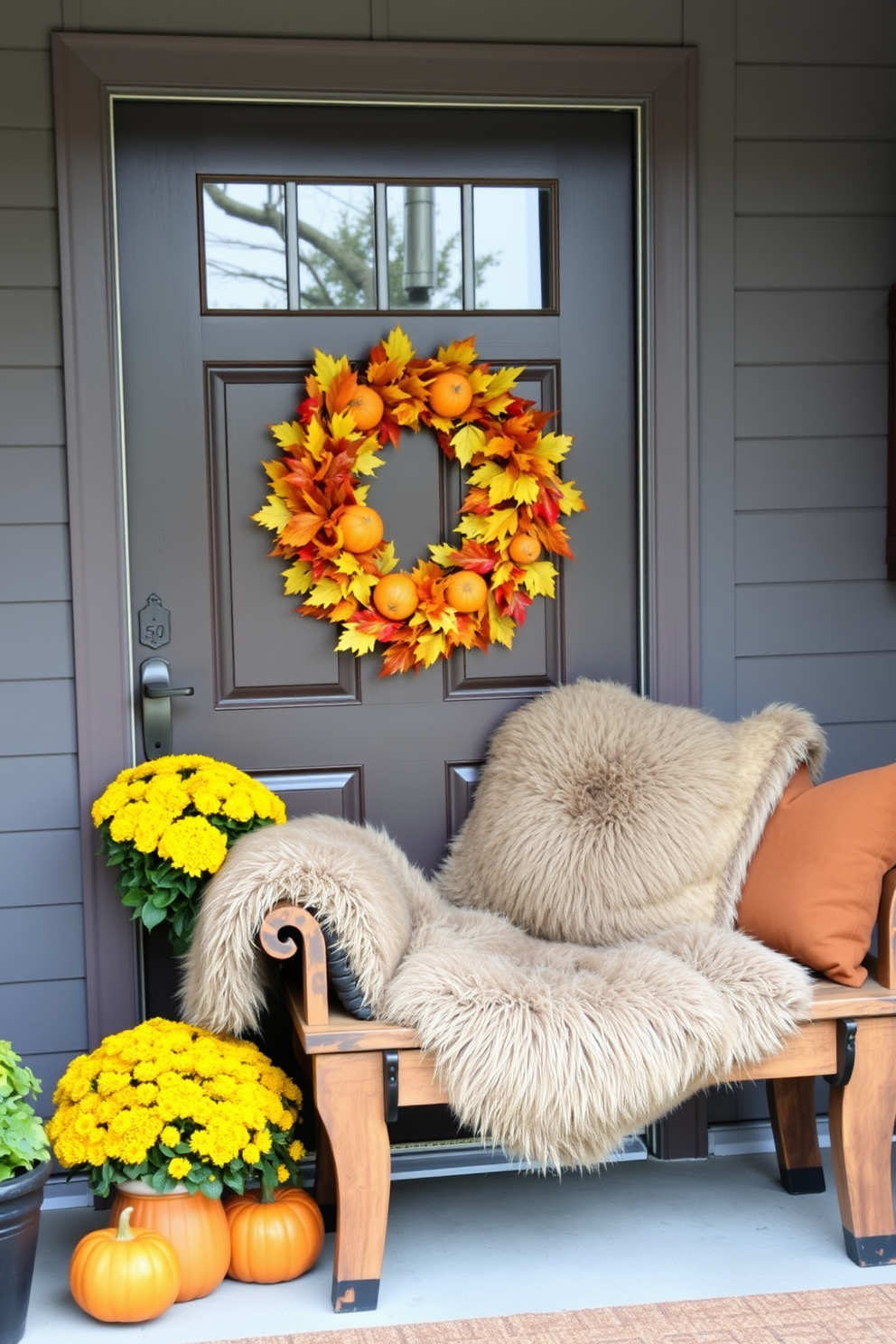 A cozy front door adorned with a seasonal wreath made of autumn leaves and small pumpkins. Flanking the door, two potted mums in vibrant hues of yellow and orange create a welcoming atmosphere. A plush faux fur throw draped over a rustic bench invites warmth and comfort. The bench is accented with decorative pillows in earthy tones, enhancing the fall aesthetic.