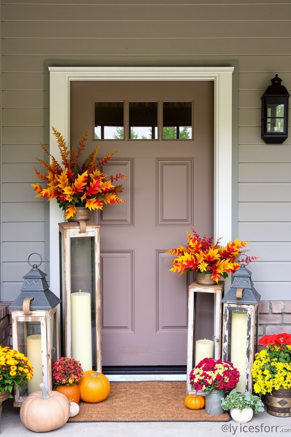 A charming front door adorned with rustic lanterns filled with vibrant fall foliage creates a warm and inviting atmosphere. The lanterns, made of weathered wood and metal, are placed on either side of the door, surrounded by pumpkins and seasonal flowers for a festive touch.