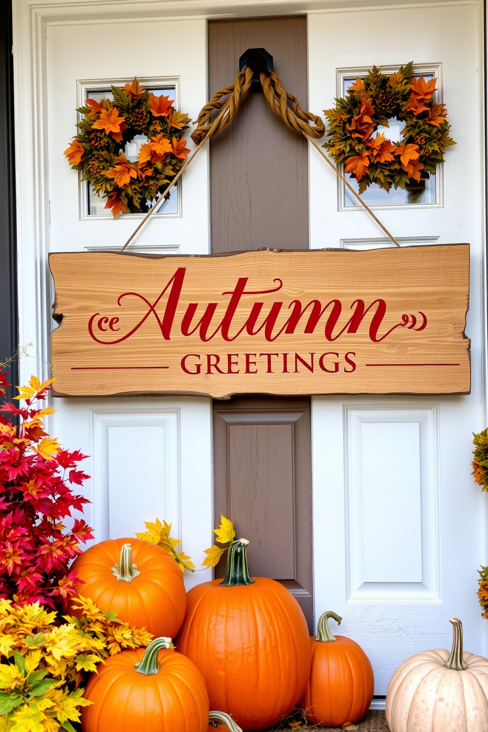 A charming front door adorned with a wreath made of dried corn husks creates a warm and inviting atmosphere. The natural textures of the corn husks complement the autumn colors, enhancing the seasonal decor. Surrounding the door, pumpkins in varying sizes are arranged on the steps, adding a festive touch. Soft, golden lights are strung along the doorway to illuminate the entrance during the evening hours.