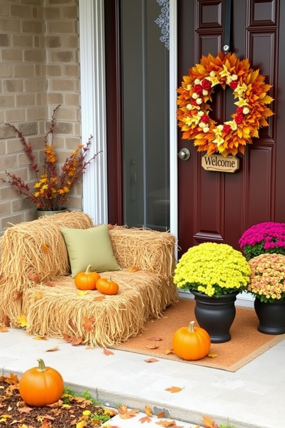 Rustic wooden crates are stacked by the front door, filled with an assortment of seasonal decor items like pumpkins, gourds, and colorful leaves. A warm, inviting wreath made of twigs and dried flowers adorns the door, creating a cozy autumn atmosphere.