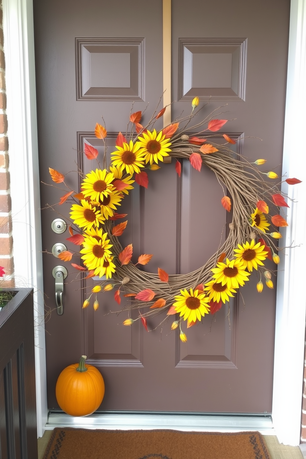 A beautiful harvest-themed wreath adorns the front door, featuring vibrant sunflowers, deep orange leaves, and rustic twigs. The wreath is complemented by a cozy welcome mat and a pair of pumpkins placed on either side of the door.