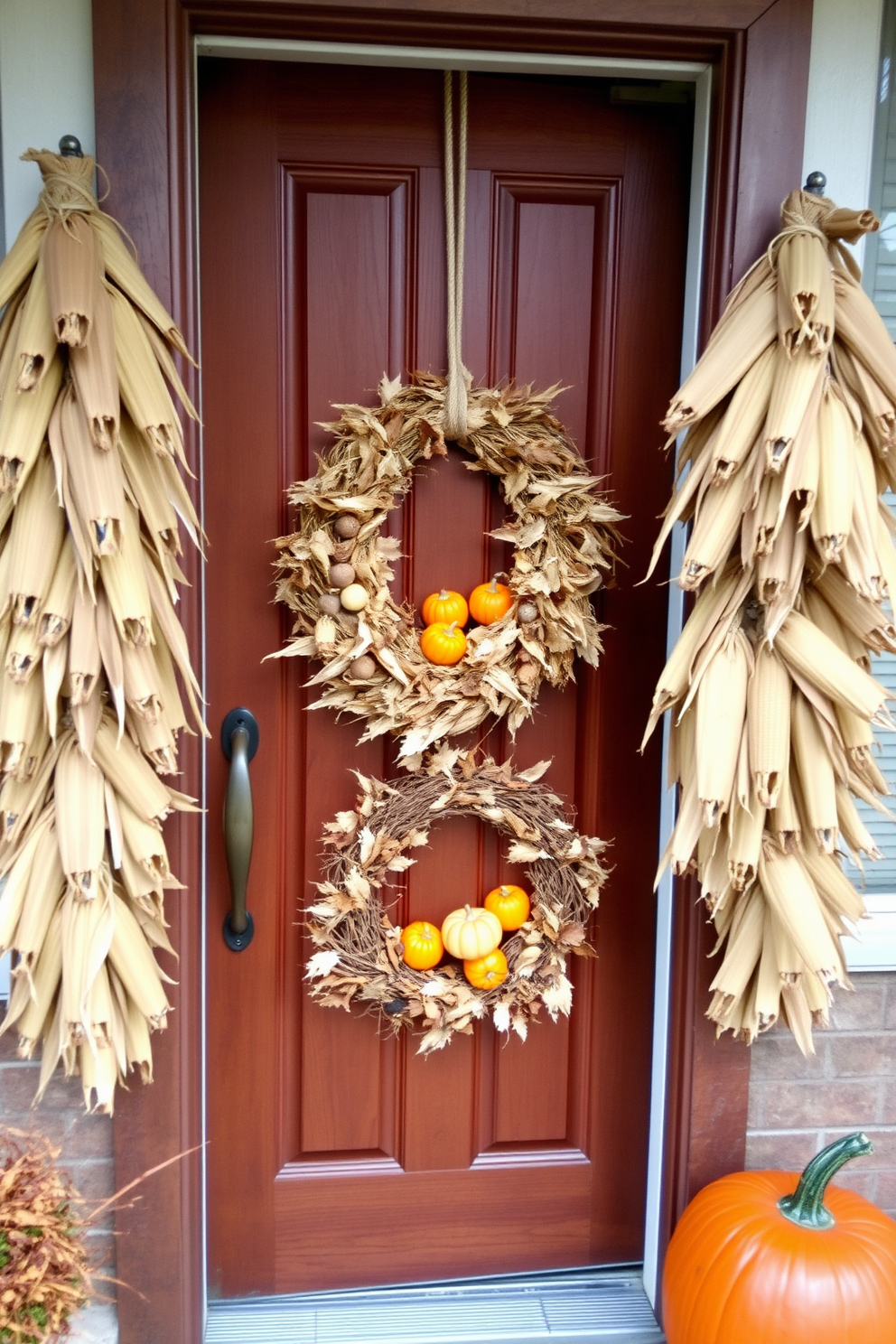 Hanging corn husks are arranged in a rustic display, creating a warm and inviting atmosphere at the entrance. The natural textures of the corn husks complement the wooden door, enhancing the seasonal charm of the fall decor. For an added touch, a wreath made of dried leaves and small pumpkins is placed on the door. This combination of elements captures the essence of autumn, welcoming guests with a cozy and festive feel.