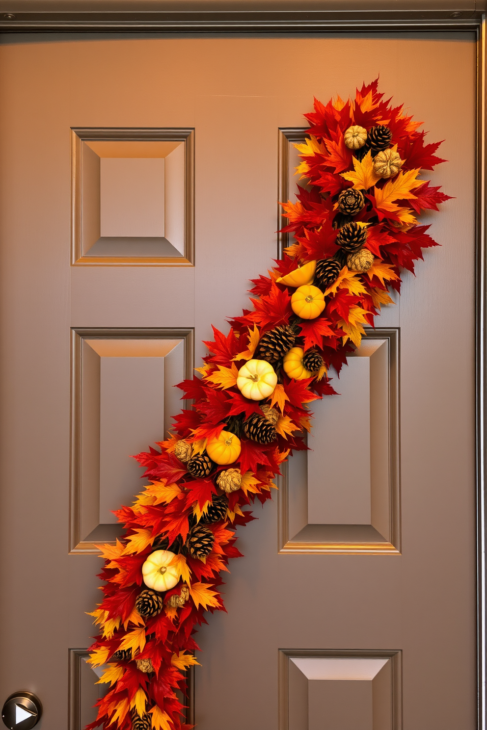 A seasonal garland made of vibrant autumn leaves, pinecones, and small pumpkins is elegantly draped over the door frame. The rich colors of red, orange, and gold create a warm and inviting entrance, perfect for welcoming guests during the fall season.