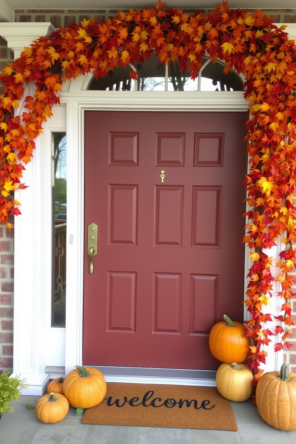 A charming front door adorned with vibrant fall leaves in shades of orange, red, and yellow. The leaves cascade gracefully from the top of the doorframe, creating a warm and inviting atmosphere. Beneath the door, a rustic welcome mat complements the seasonal decor. Pumpkins of varying sizes are arranged on either side of the entrance, enhancing the festive appeal.