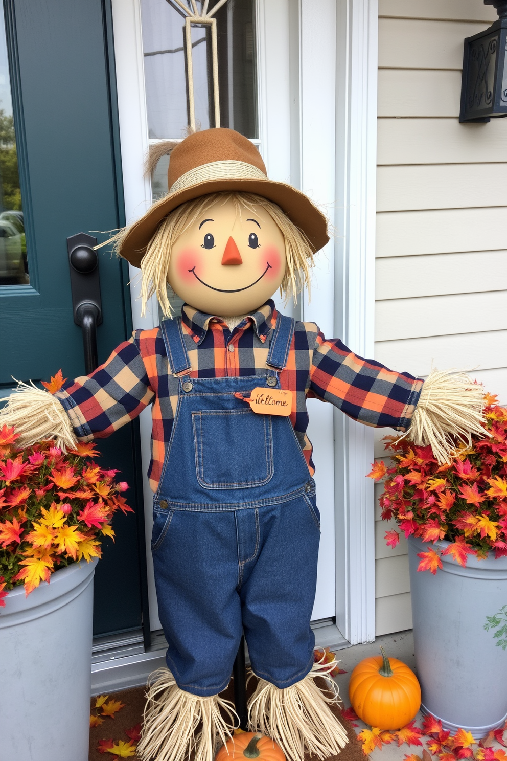 A charming scarecrow stands by the front door, welcoming guests with a friendly smile. It is adorned with a plaid shirt, denim overalls, and a straw hat, surrounded by colorful autumn leaves and small pumpkins.