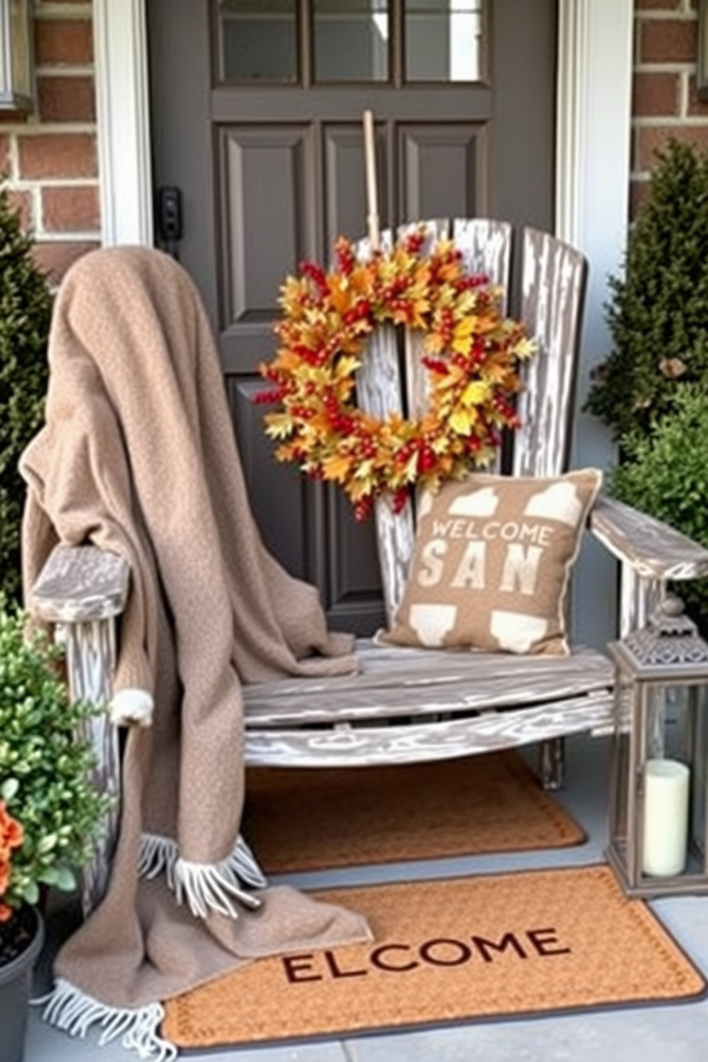 Cozy blanket draped over a porch chair. The chair is made of weathered wood and surrounded by potted plants, creating a warm and inviting atmosphere. Fall front door decorating ideas. The door is adorned with a wreath made of autumn leaves and berries, complemented by a welcome mat and seasonal lanterns on either side.