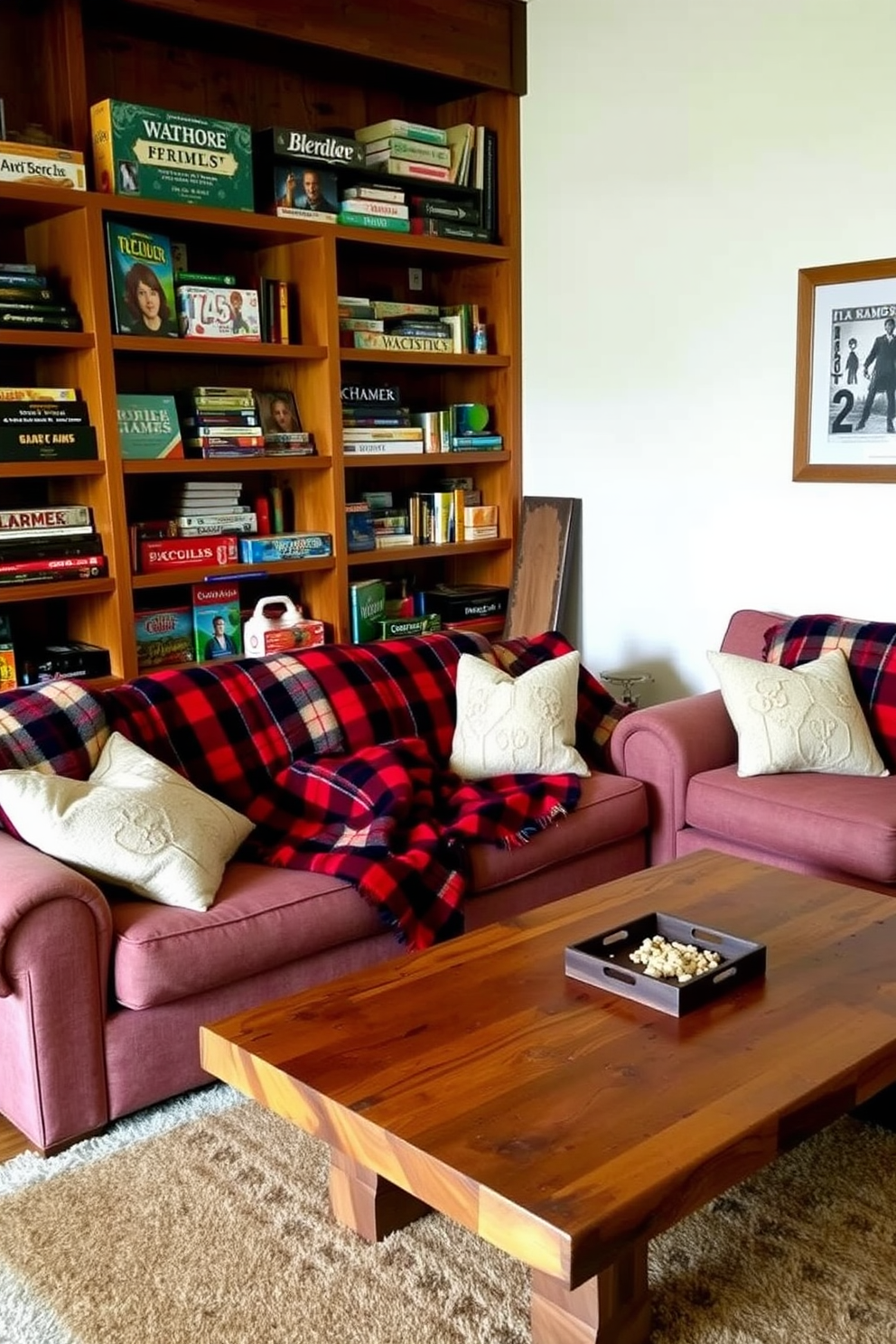 Cozy plaid blankets are draped over plush sofas in a warm and inviting game room. The space is accented with rustic wooden shelves filled with board games and a large coffee table made from reclaimed wood.