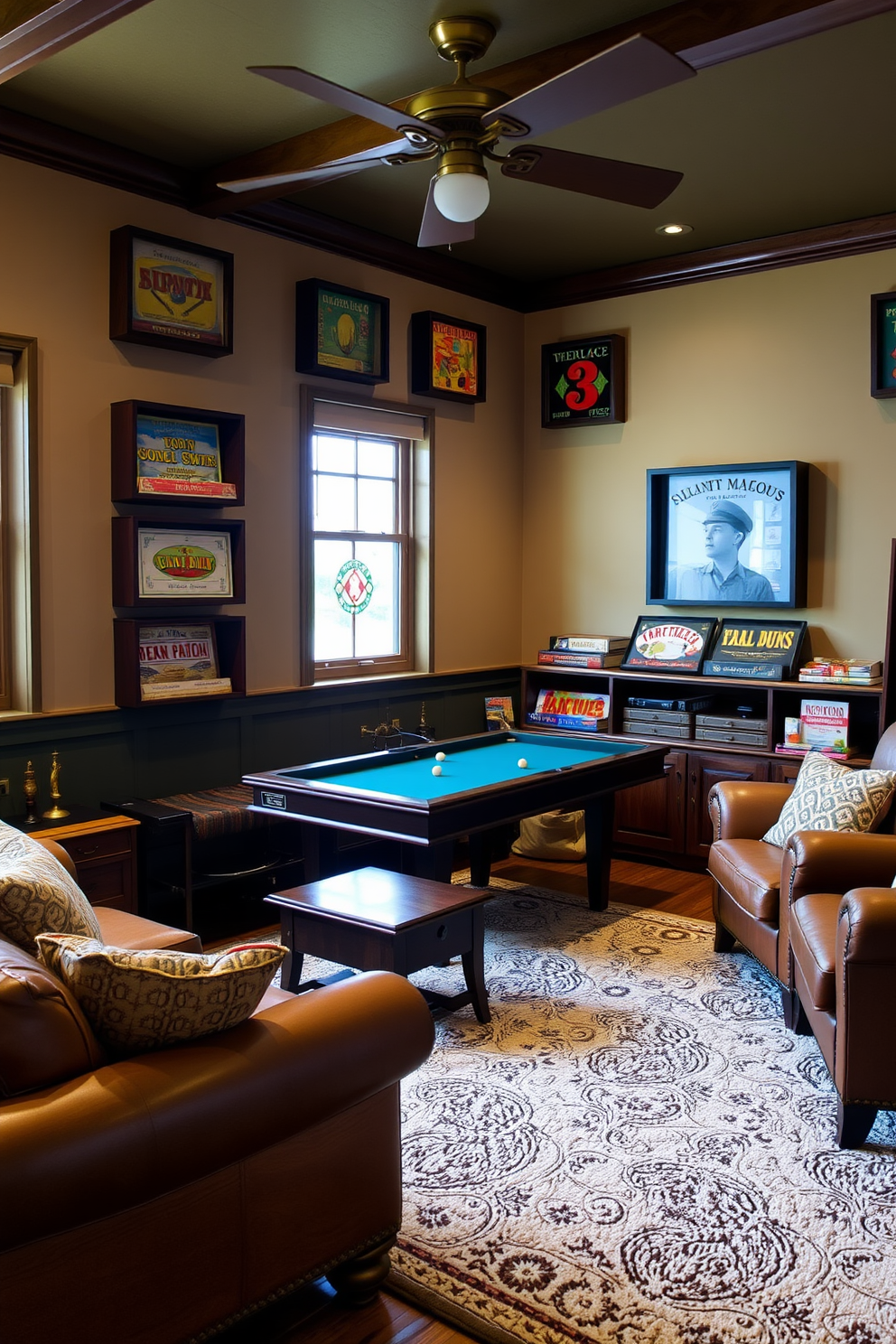 A cozy game room featuring vintage board games displayed in shadow boxes on the walls. The room is adorned with warm-toned wood furniture and a plush area rug, creating a welcoming atmosphere for family gatherings.