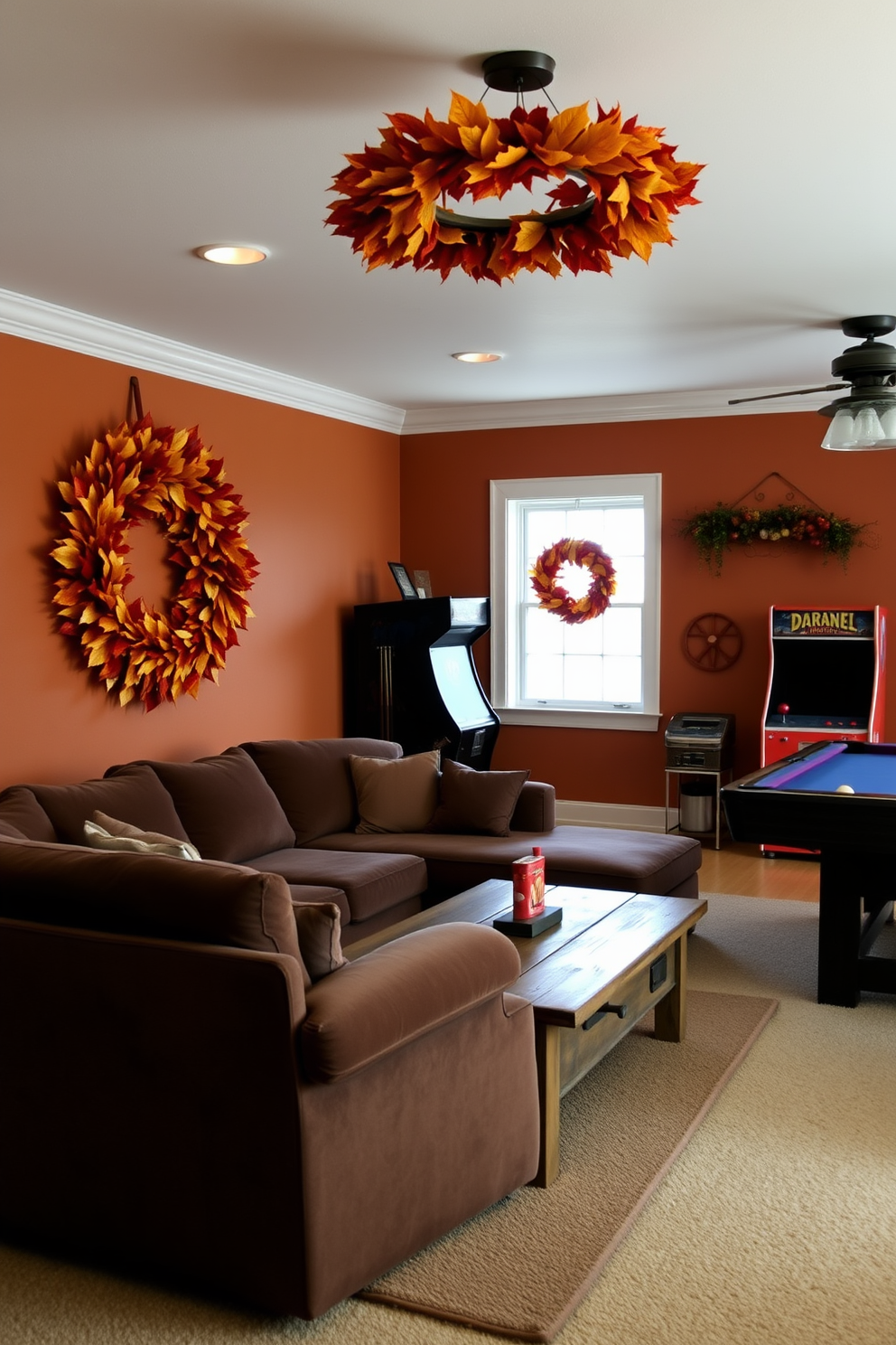 A cozy game room featuring a vintage aesthetic. The walls are adorned with framed classic board game covers, creating a nostalgic atmosphere. A rustic wooden shelving unit showcases a variety of vintage board games in colorful boxes. Plush seating is arranged around a central coffee table, inviting friends and family to gather for game nights.