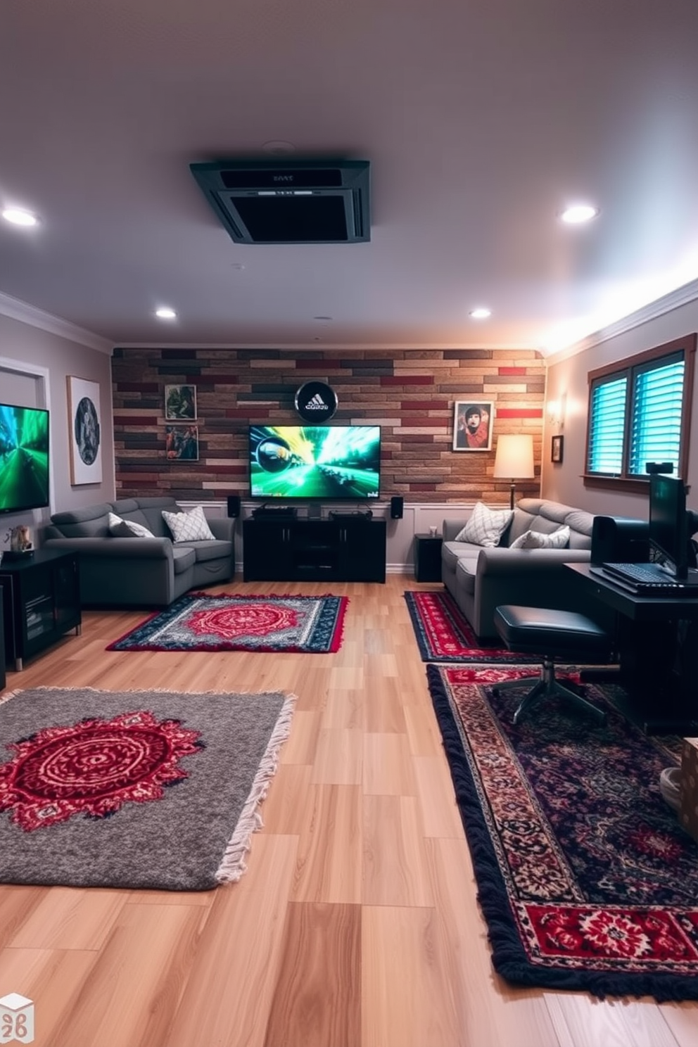 A cozy game room featuring layered rugs in varying textures and colors to create warmth and visual interest. The space includes comfortable seating arrangements, a large gaming console, and ambient lighting to enhance the inviting atmosphere.